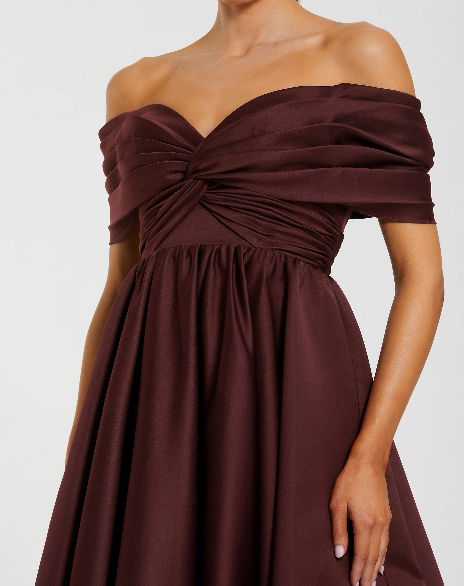 Burgundy Satin Off The Shoulder Twist Evening Ball Gown | Mac Duggal Burgundy Satin Off The Shoulder Twist Evening Ball Gown | Mac Duggal