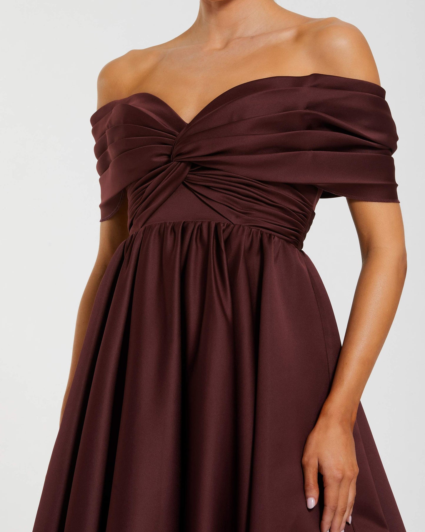 Burgundy Satin Off The Shoulder Twist Evening Ballgown - Ieena for Mac Duggal