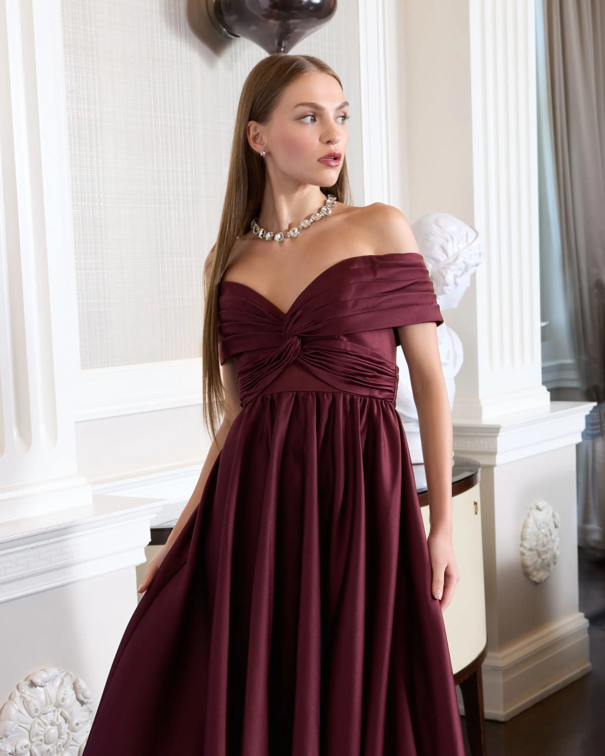 Burgundy Satin Off The Shoulder Twist Evening Ball Gown | Mac Duggal Burgundy Satin Off The Shoulder Twist Evening Ball Gown | Mac Duggal