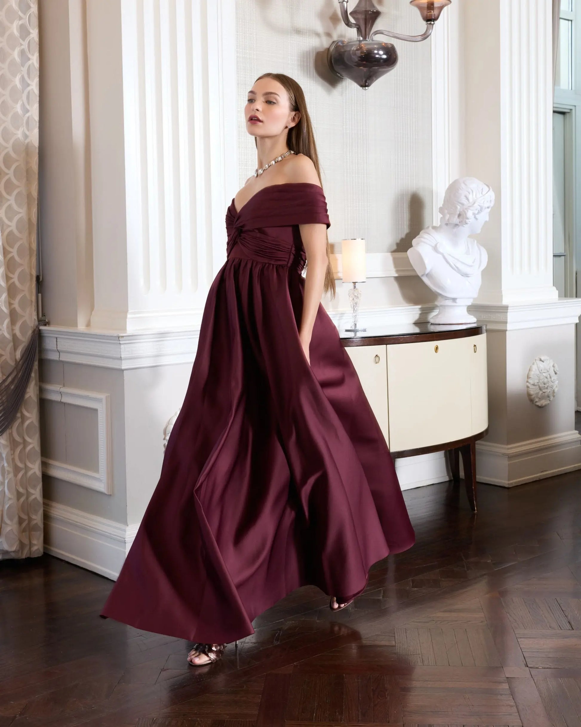 Burgundy Satin Off The Shoulder Twist Evening Ball Gown | Mac Duggal Burgundy Satin Off The Shoulder Twist Evening Ball Gown | Mac Duggal