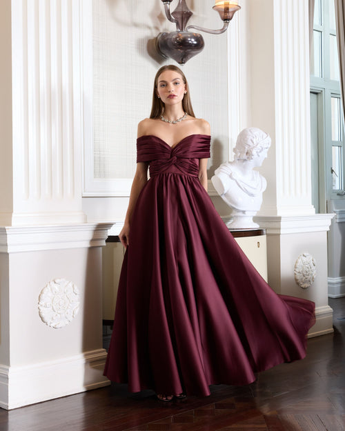 Burgundy Satin Off The Shoulder Twist Evening Ballgown - Ieena for Mac Duggal