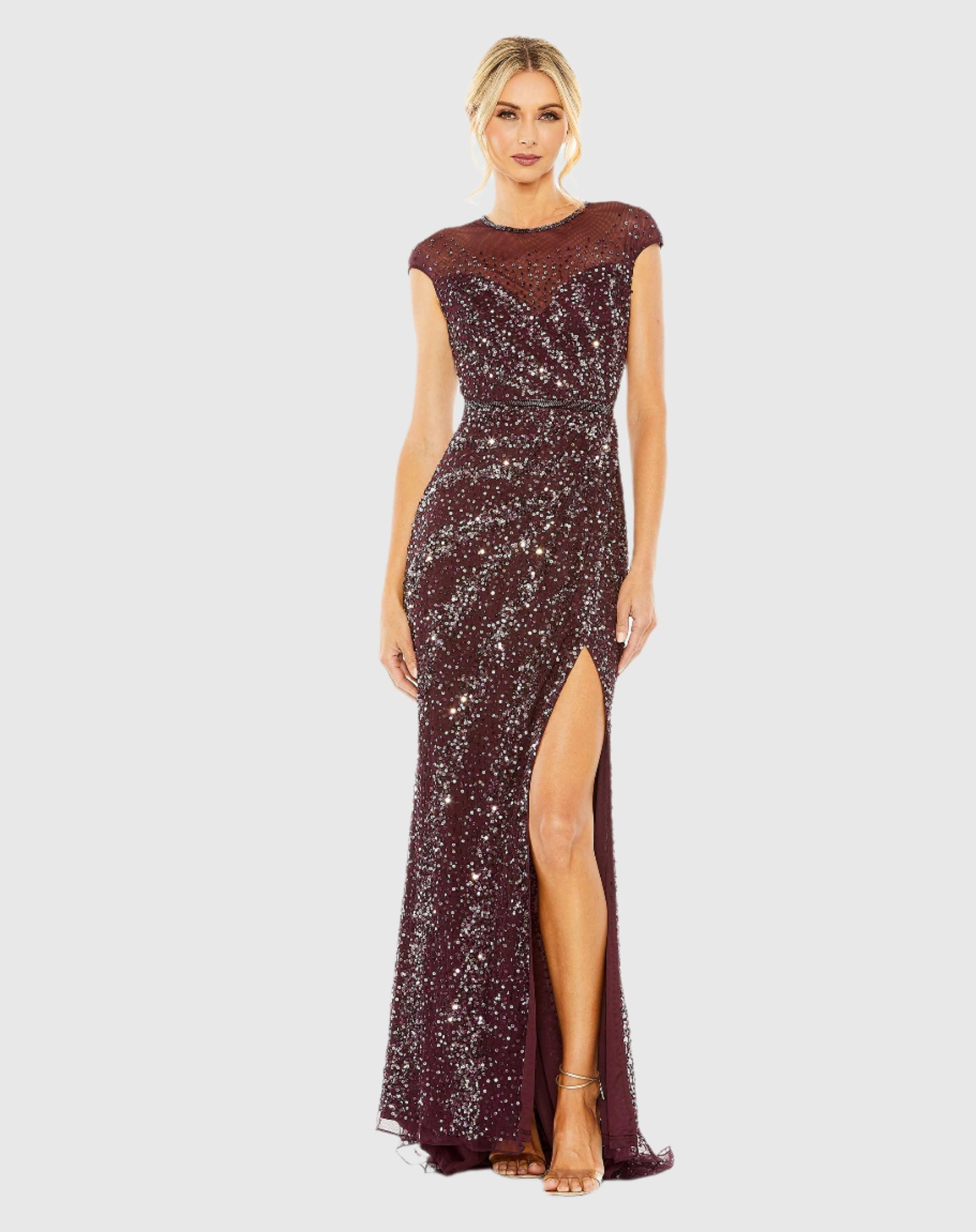 Embellished Illusion High Neck Cap Sleeve Gown