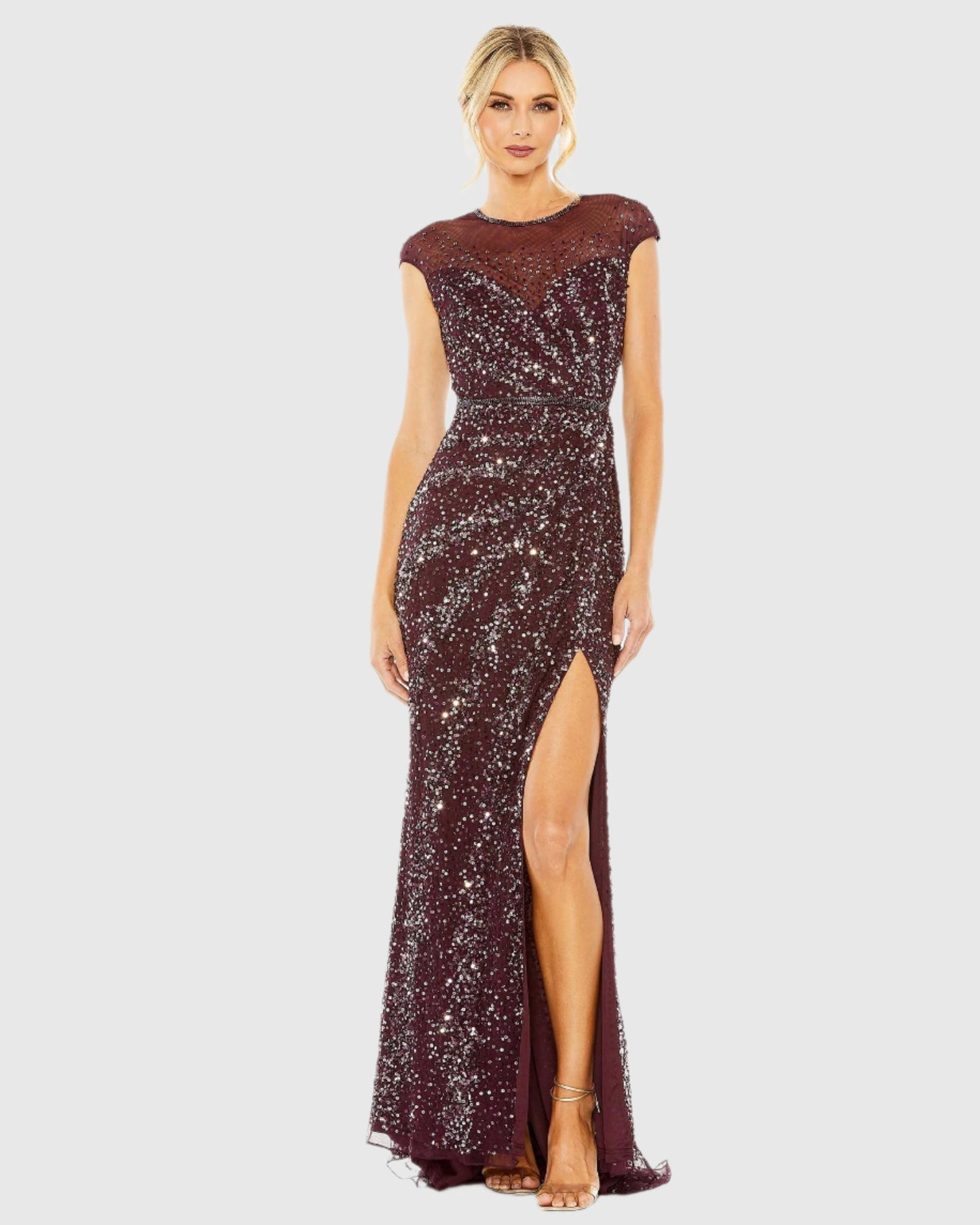 Embellished Illusion High Neck Cap Sleeve Gown