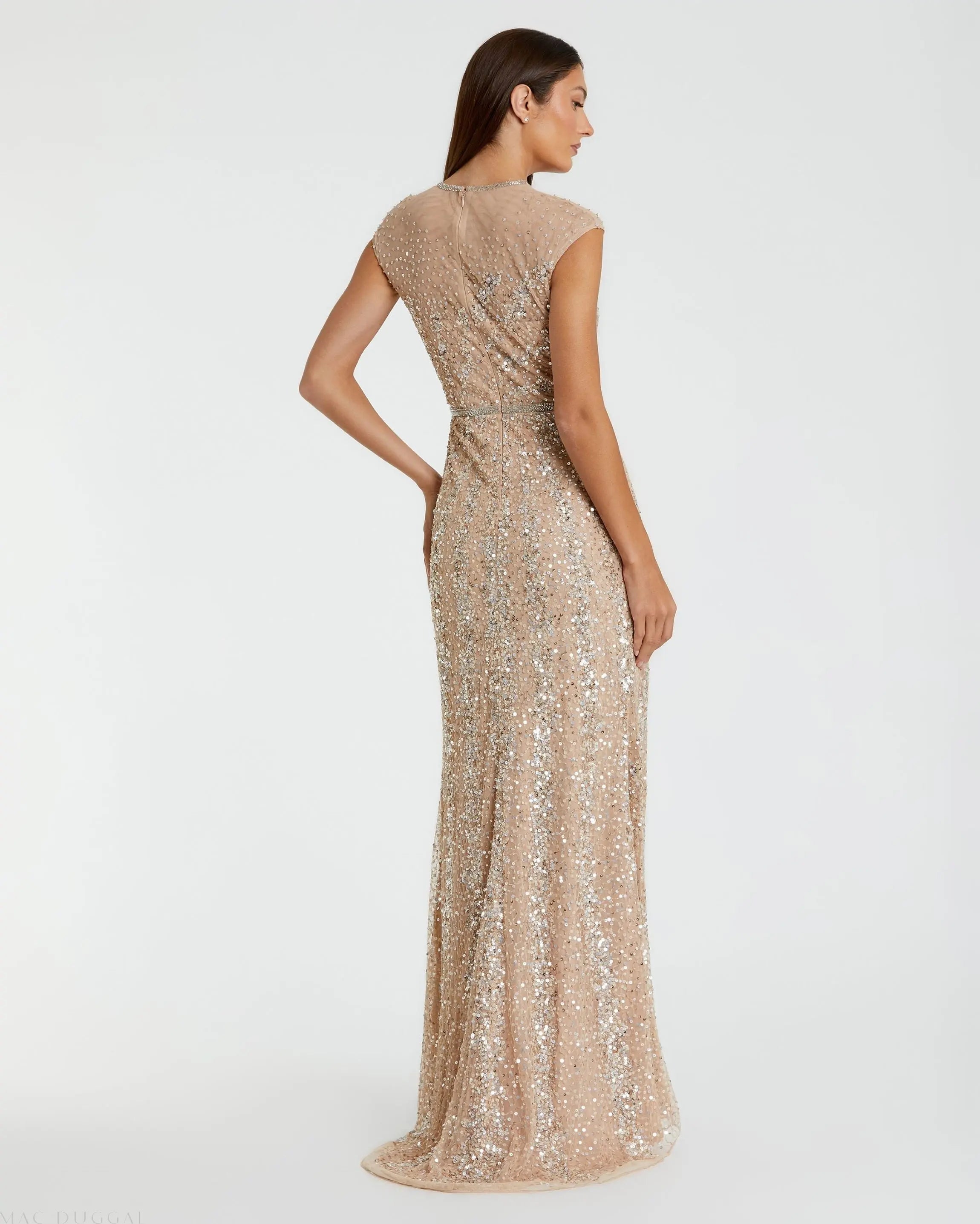 Beige Embellished Illusion High Neck Cap Sleeve Gown - Mac Duggal