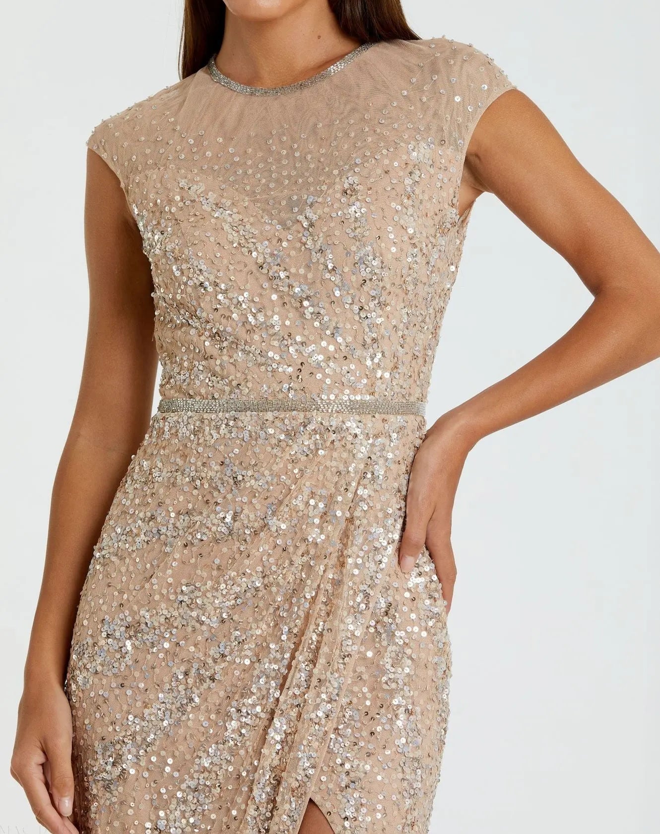 Beige Embellished Illusion High Neck Cap Sleeve Gown - Mac Duggal