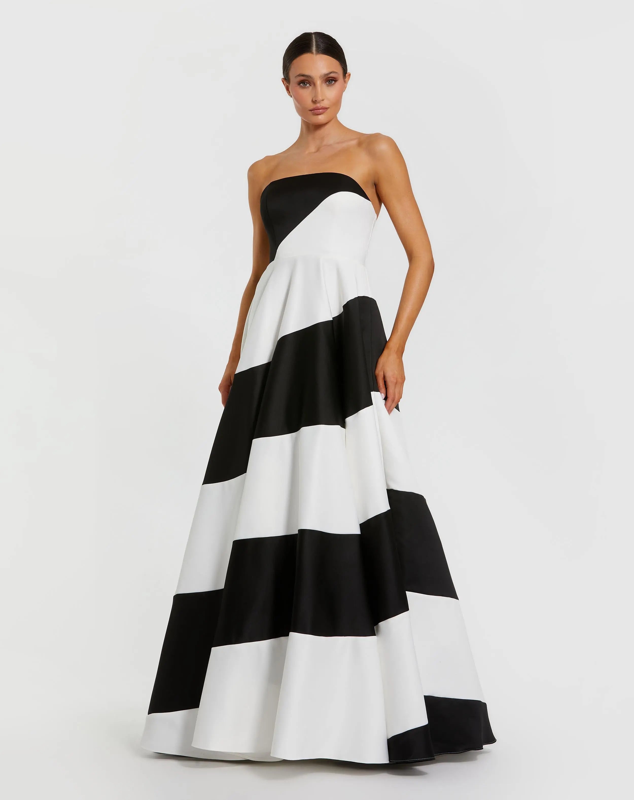 Black and White Striped Satin Strapless Ballgown - Ieena for Mac Duggal