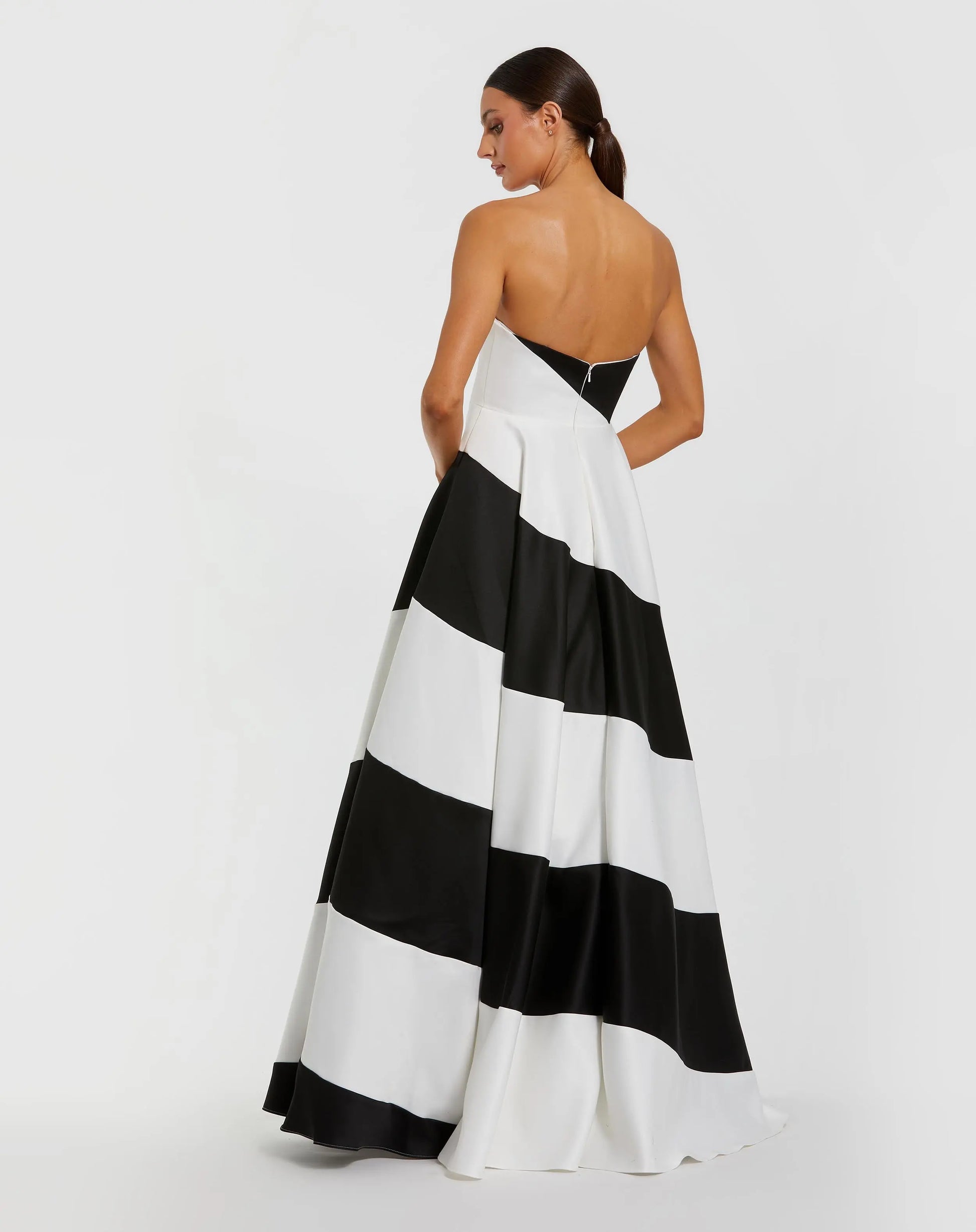 Mac Duggal Satin Strapless Striped Ball Gown - Black Ivory Mac Duggal Satin Strapless Striped Ball Gown - Black Ivory