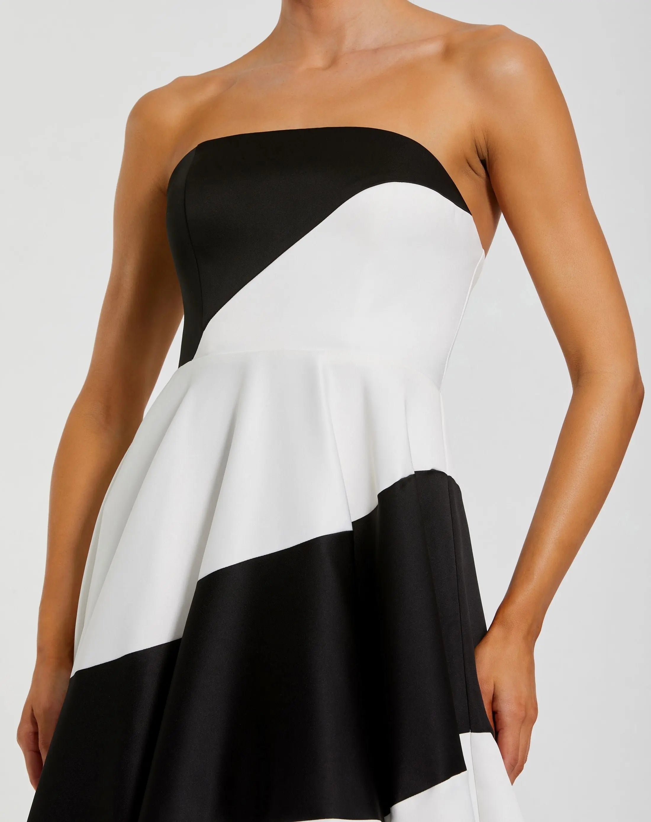 Black and White Striped Satin Strapless Ballgown Ieena for Mac Duggal
