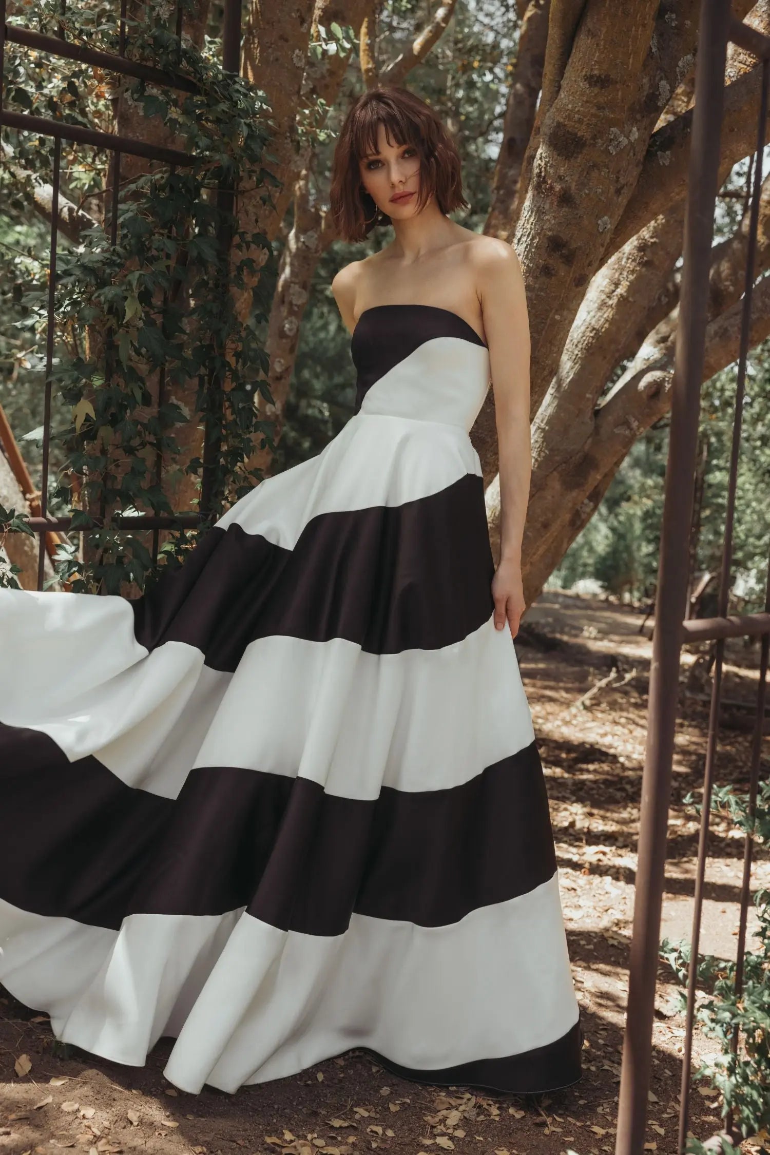 Black and White Striped Satin Strapless Ball Gown | Mac Duggal Black and White Striped Satin Strapless Ball Gown | Mac Duggal
