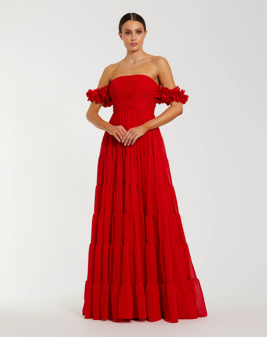 Red Off The Shoulder Tiered Gown With 3D Flowers Ieena for Mac Duggal
