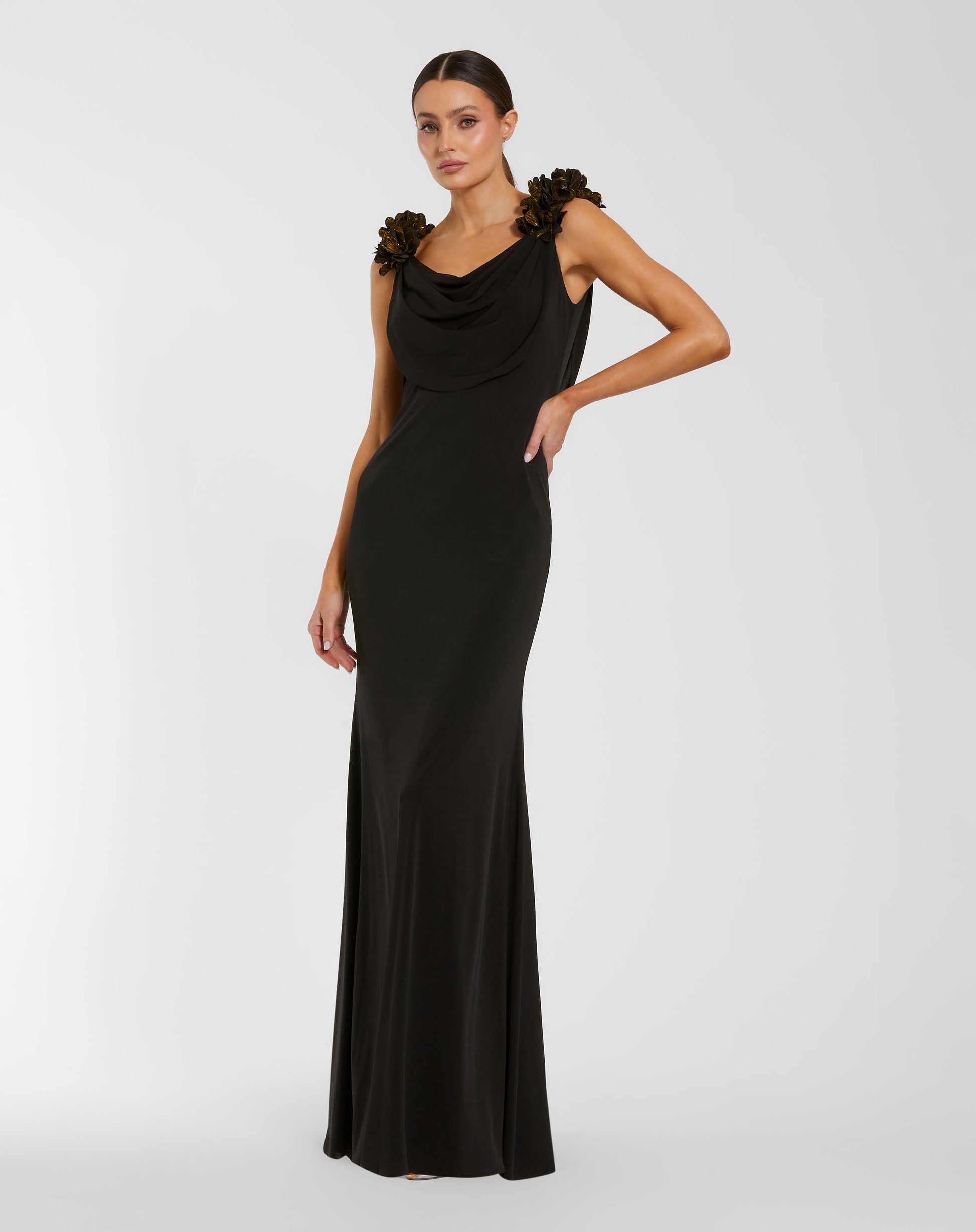 Black Cowl Neck Jersey Gown With 3D Flower Straps - Ieena for Mac Duggal