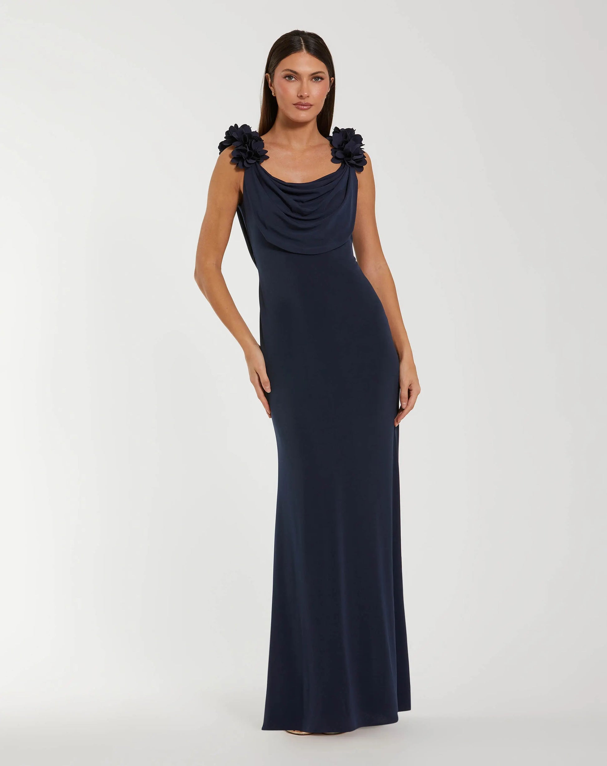 Navy Cowl Neck Jersey Gown With 3D Flower Straps | Mac Duggal Navy Cowl Neck Jersey Gown With 3D Flower Straps | Mac Duggal