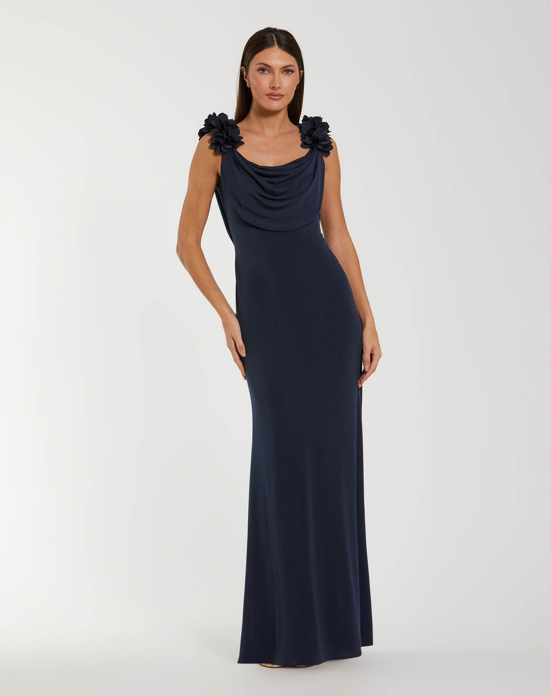 Navy Cowl Neck Jersey Gown With 3D Flower Straps - Ieena for Mac Duggal