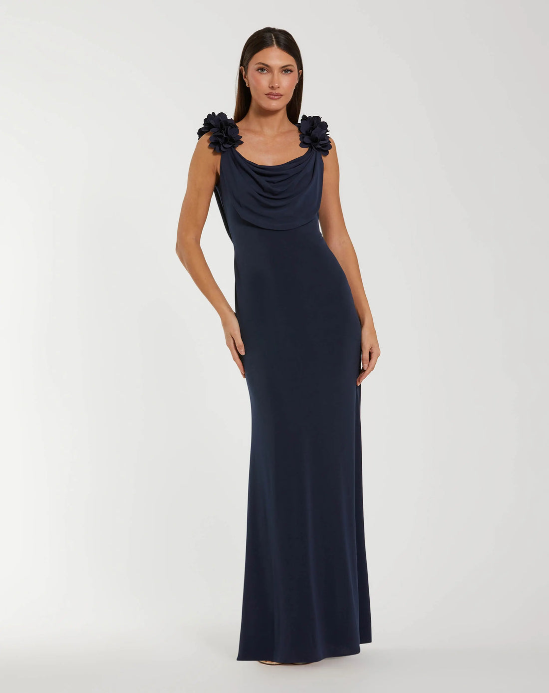 Navy Cowl Neck Jersey Gown With 3D Flower Straps | Mac Duggal Navy Cowl Neck Jersey Gown With 3D Flower Straps | Mac Duggal