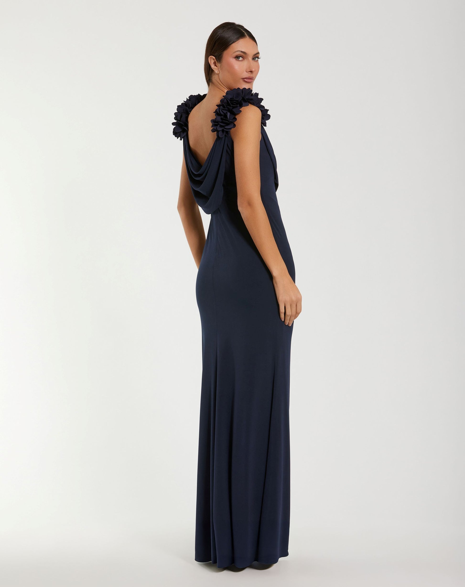 Navy Cowl Neck Jersey Gown With 3D Flower Straps - Ieena for Mac Duggal