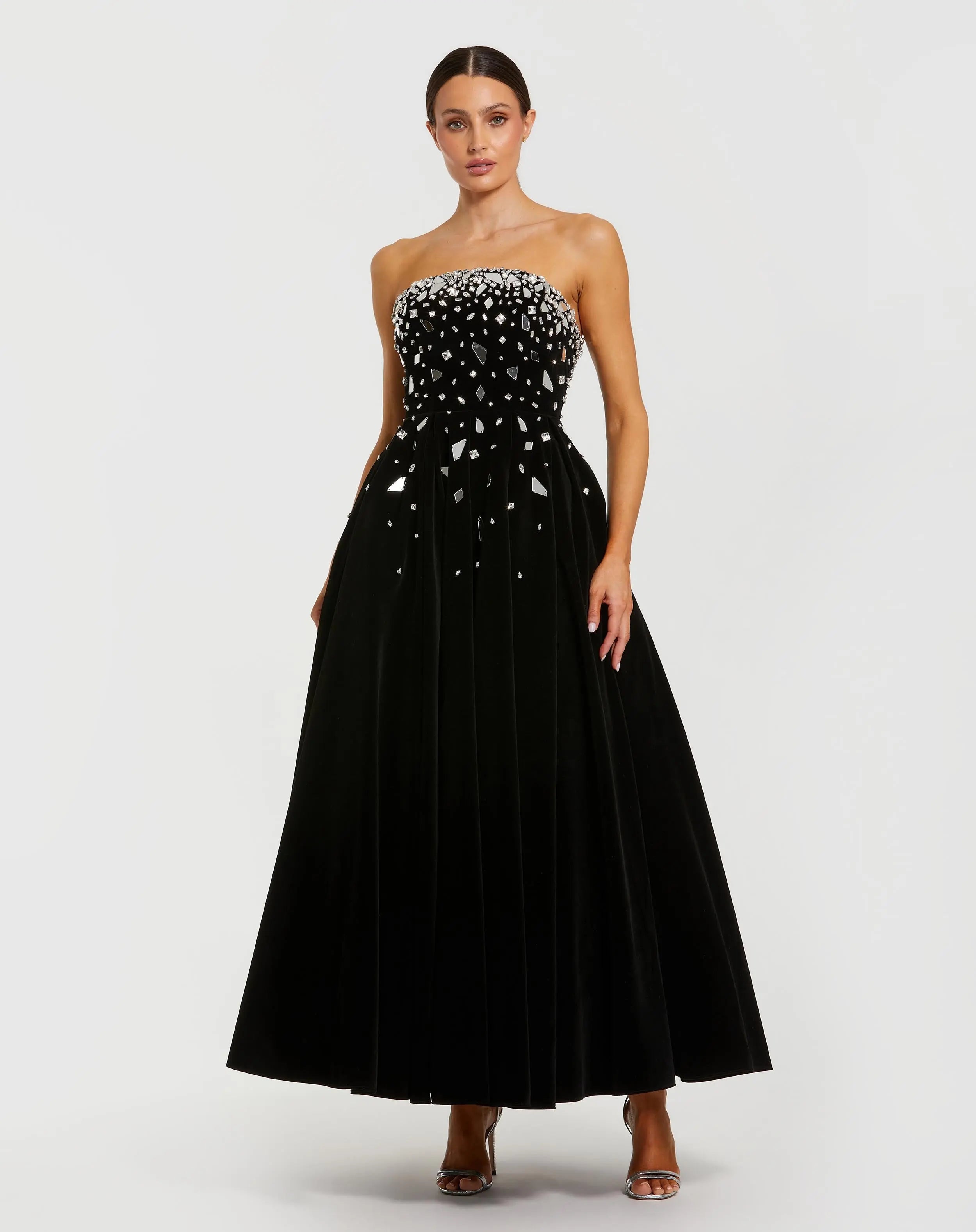 Black Strapless Feather Embellished Satin A-Line Dress | Mac Duggal Black Strapless Feather Embellished Satin A-Line Dress | Mac Duggal