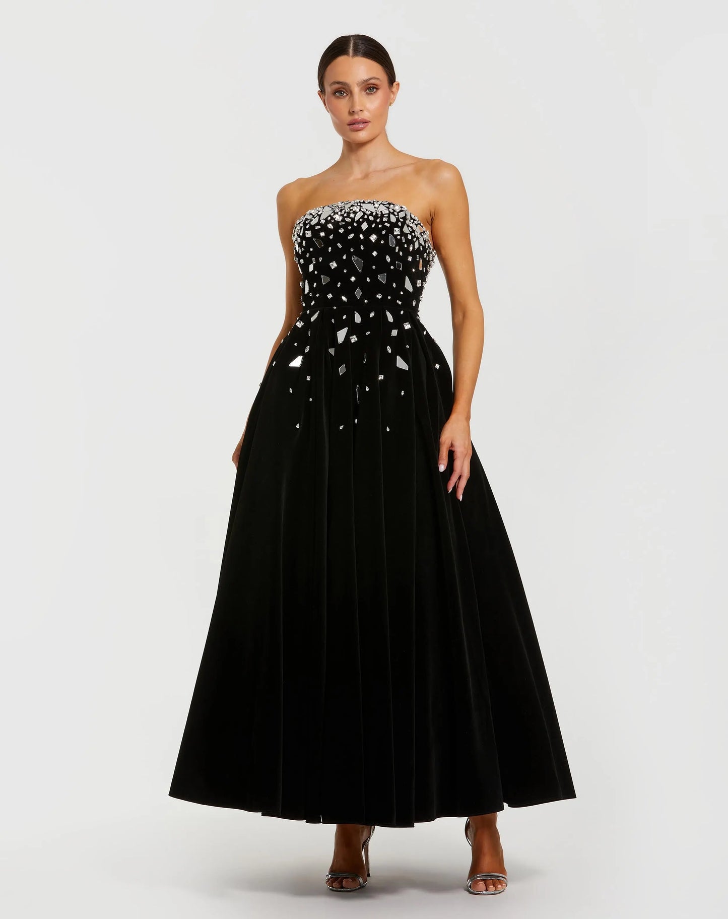 Black Velvet Strapless A-Line Midi Dress with Embellishments - Ieena for Mac Duggal
