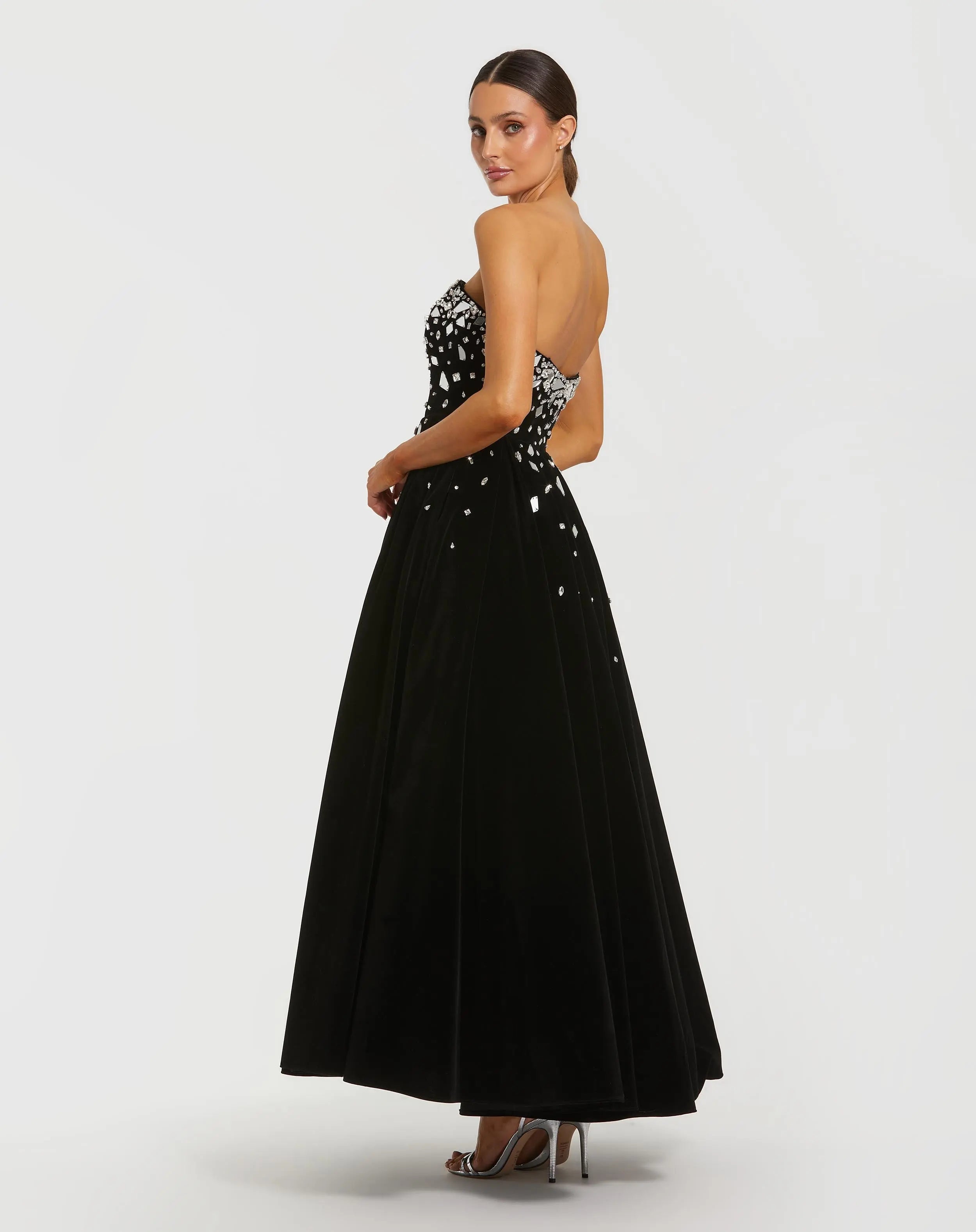 Black Velvet Strapless A-Line Midi Dress with Embellishments - Ieena for Mac Duggal