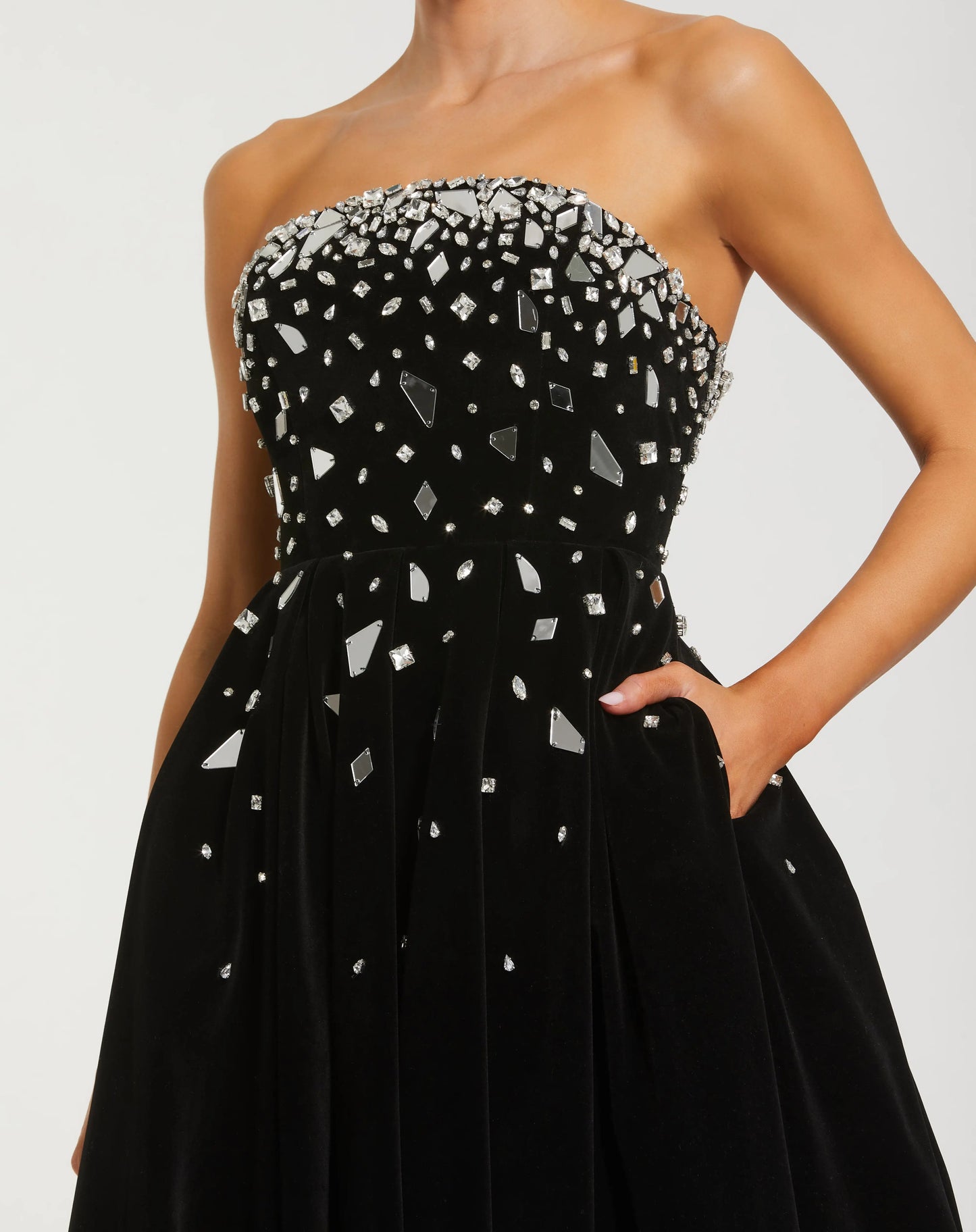 Black Velvet Strapless A-Line Midi Dress with Embellishments - Ieena for Mac Duggal