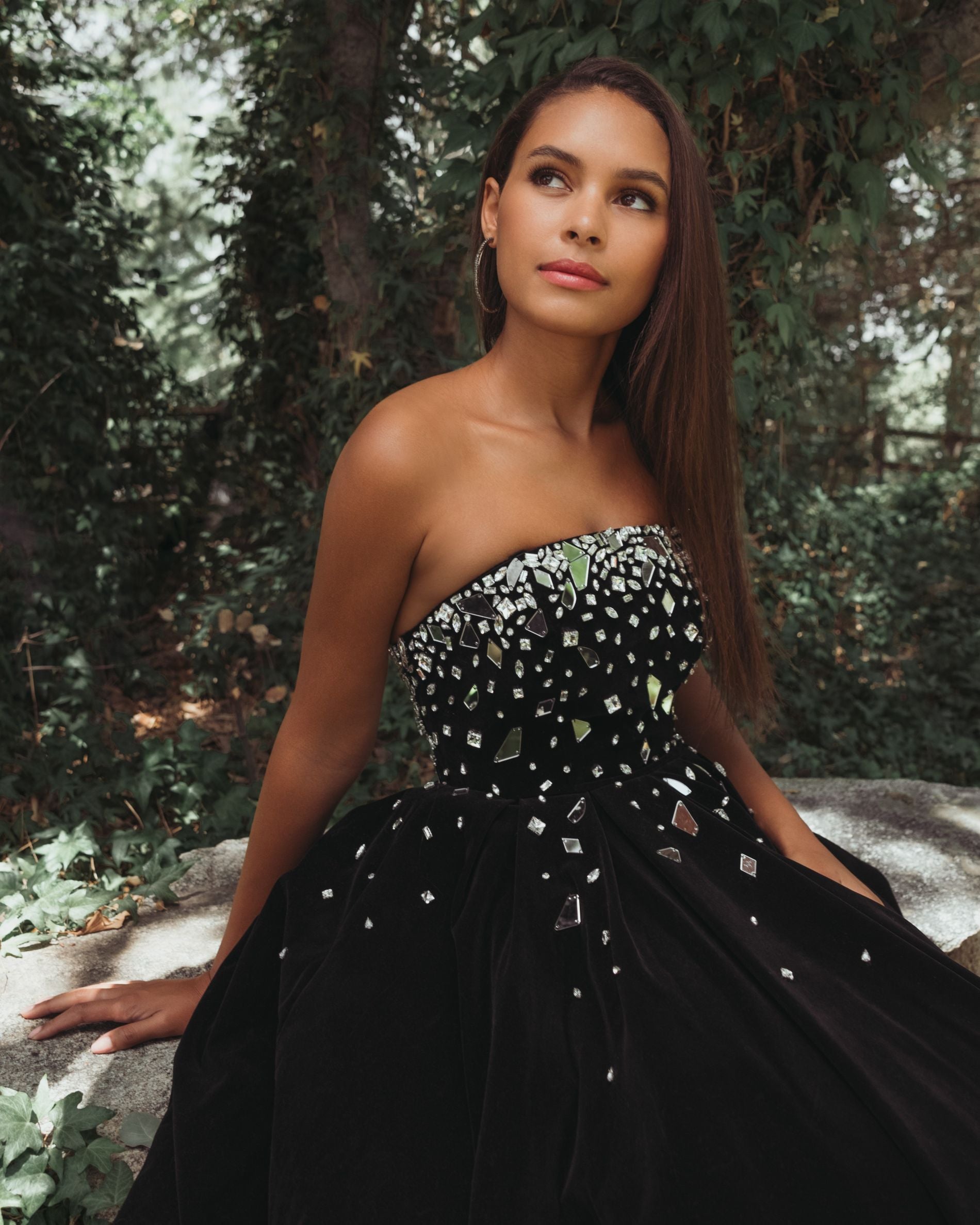 Black Velvet Strapless A-Line Midi Dress with Embellishments - Ieena for Mac Duggal