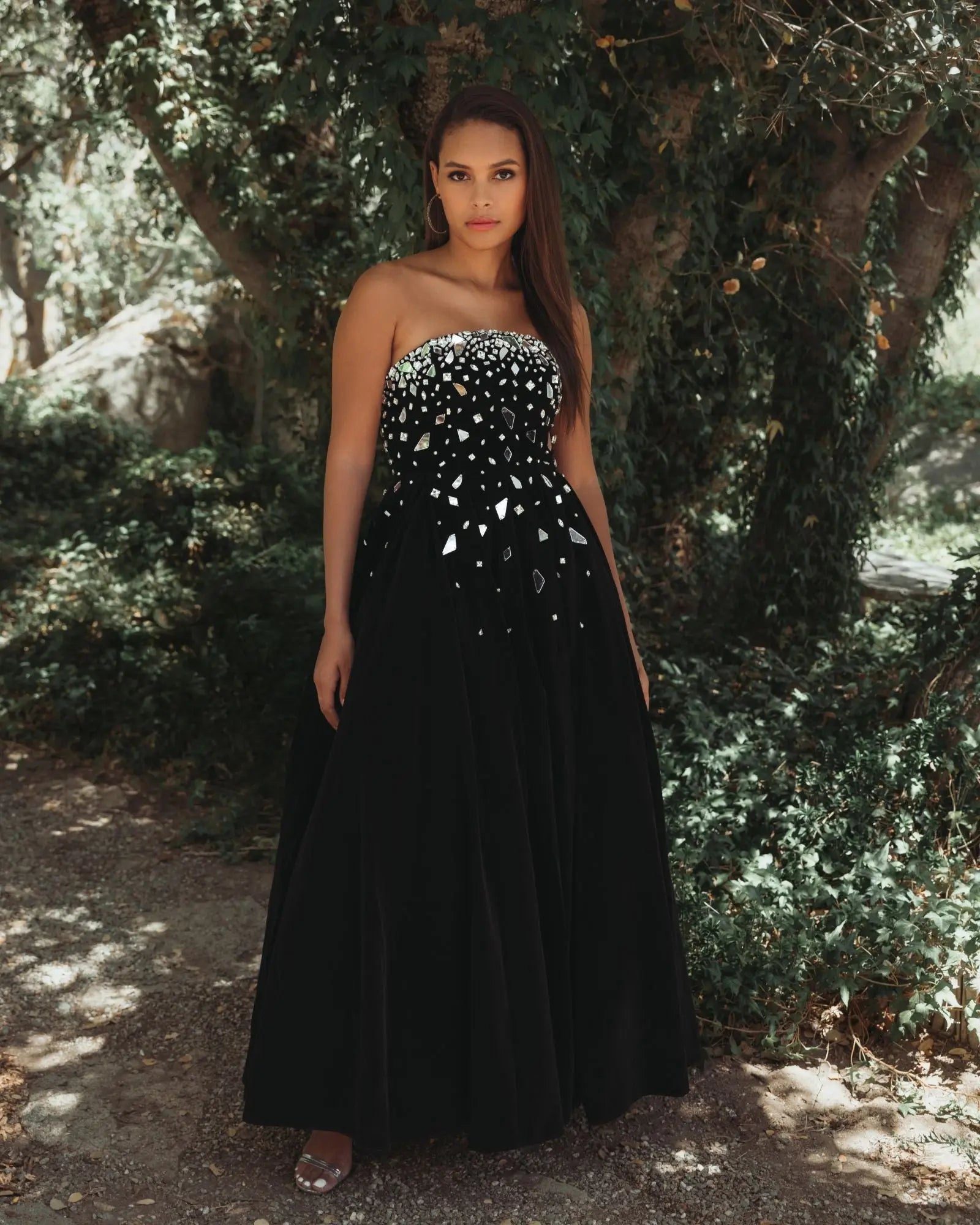 Black Velvet Strapless A-Line Midi Dress with Embellishments | Mac Duggal Black Velvet Strapless A-Line Midi Dress with Embellishments | Mac Duggal
