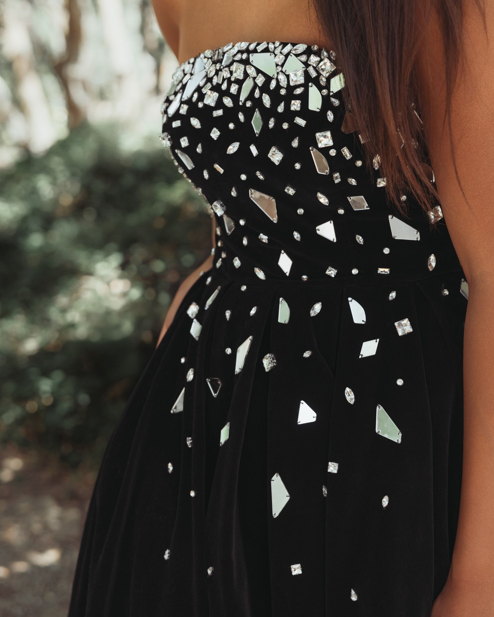 Black Velvet Strapless A-Line Midi Dress with Embellishments | Mac Duggal Black Velvet Strapless A-Line Midi Dress with Embellishments | Mac Duggal