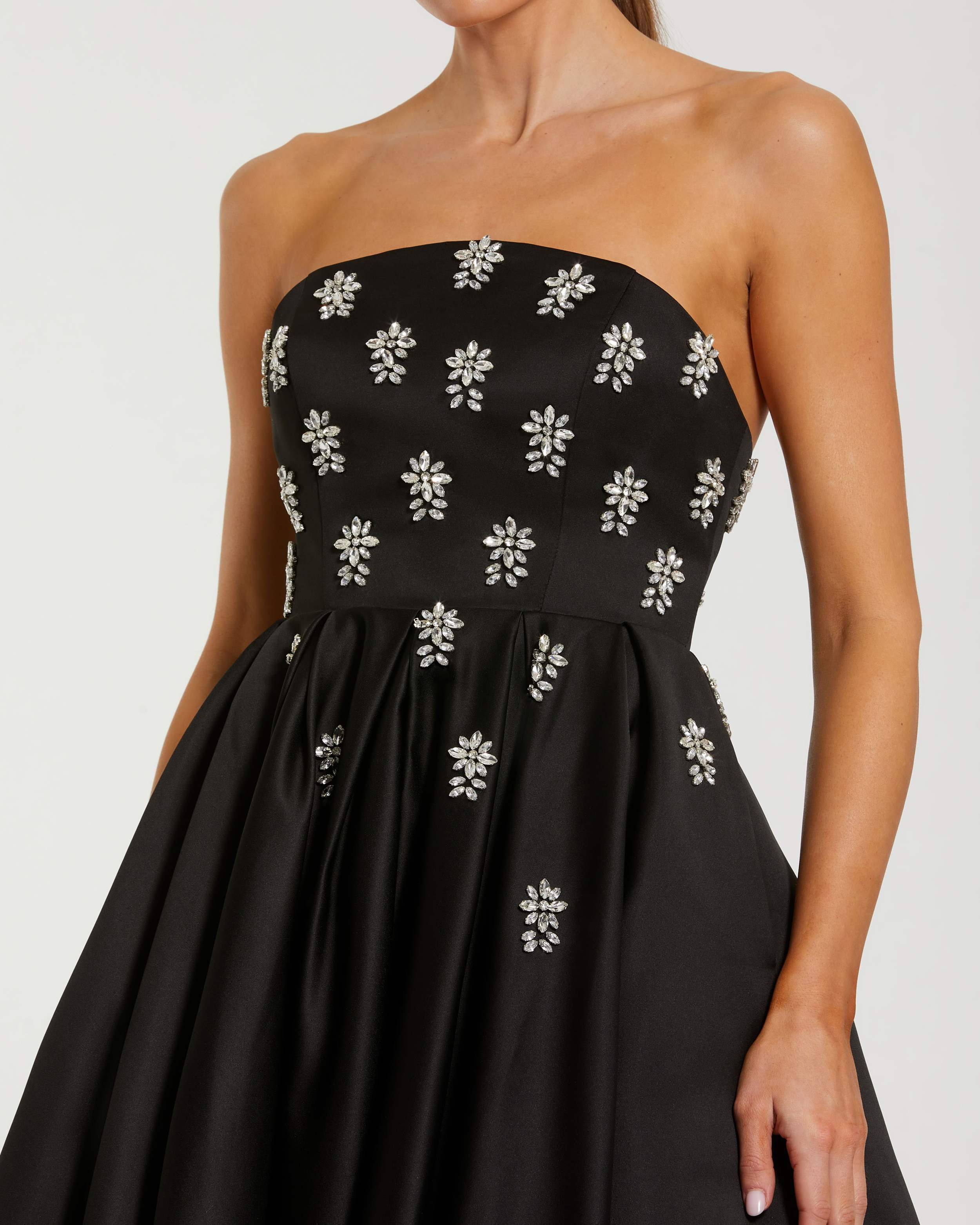 Black Crystal Embellished Strapless Satin A-Line Dress Ieena for Mac Duggal
