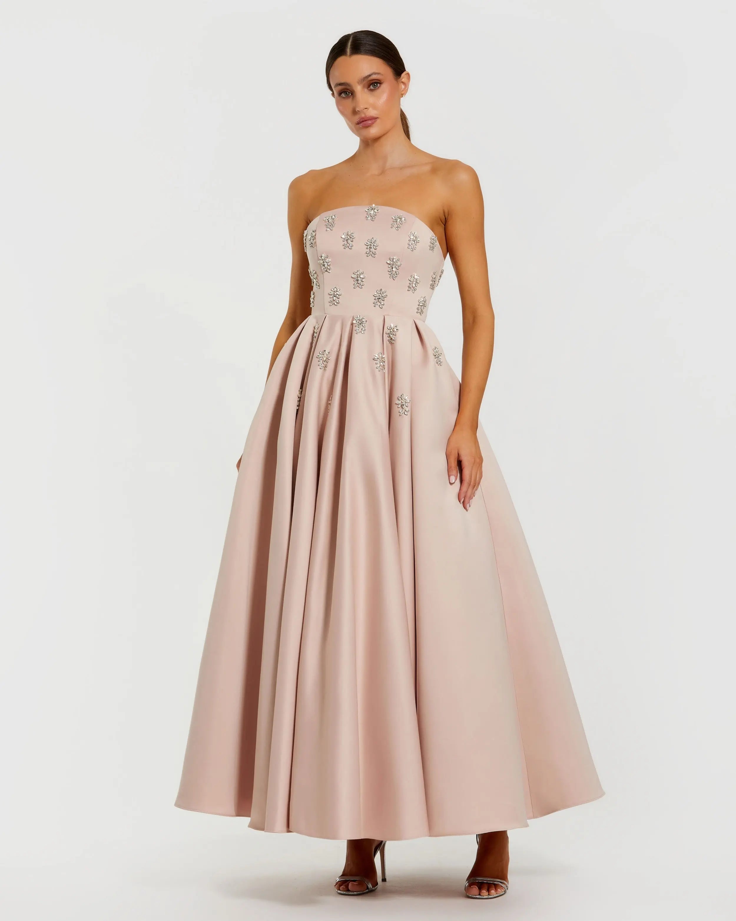 Pink Crystal Embellished Strapless Satin A-Line Dress Ieena for Mac Duggal