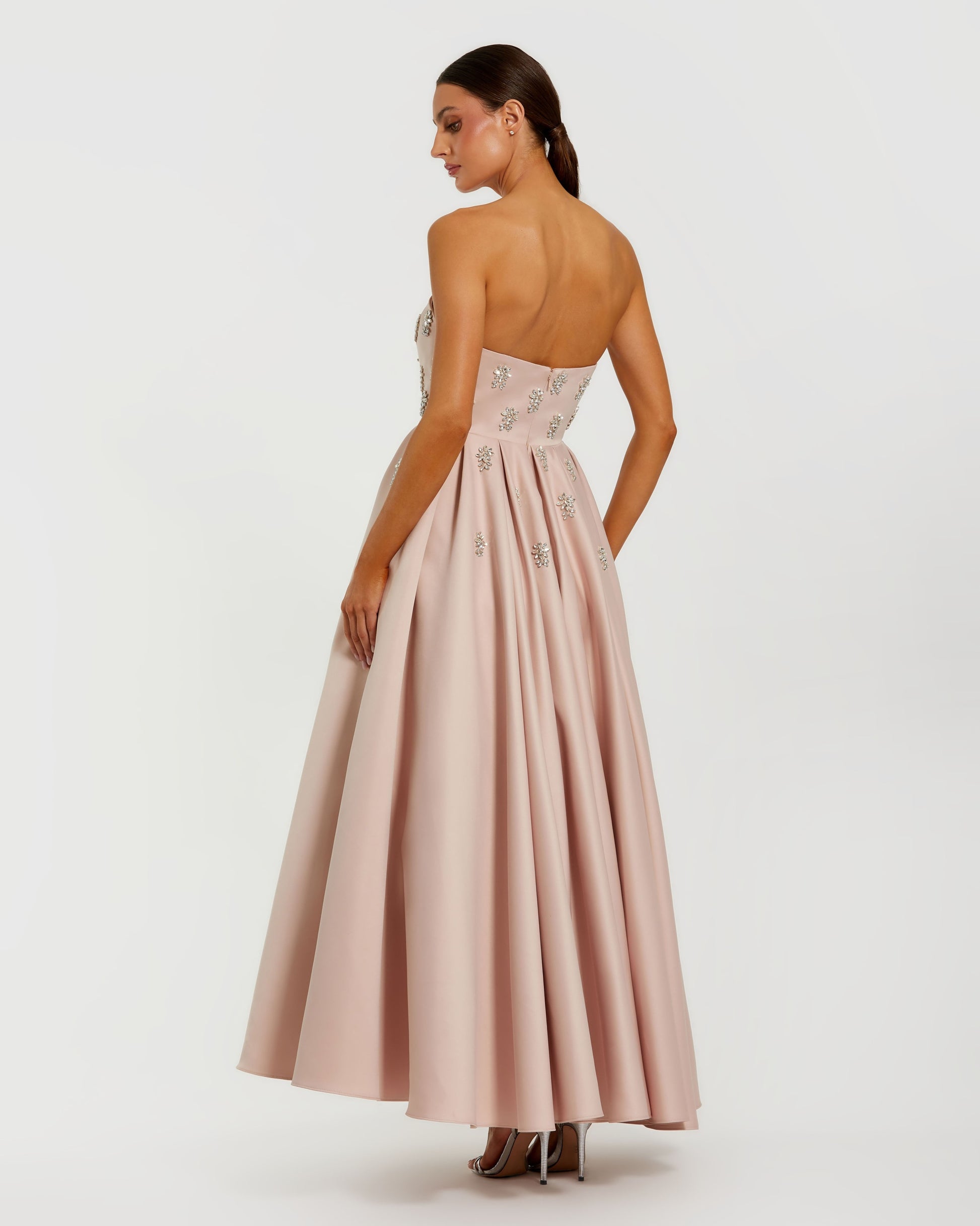 Pink Strapless Crystal Embellished Satin A-Line Dress | Mac Duggal Pink Strapless Crystal Embellished Satin A-Line Dress | Mac Duggal