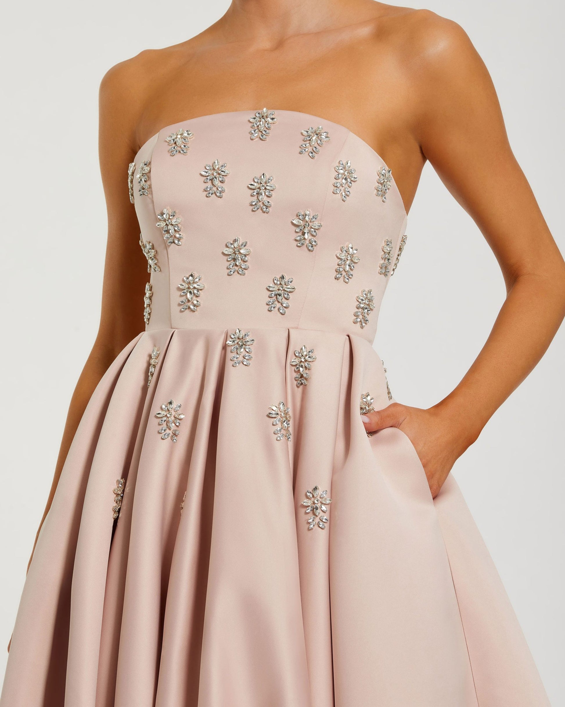 mac duggal strapless embellished a line dress White Embellished Strapless Midi Dress with Velvet Bow