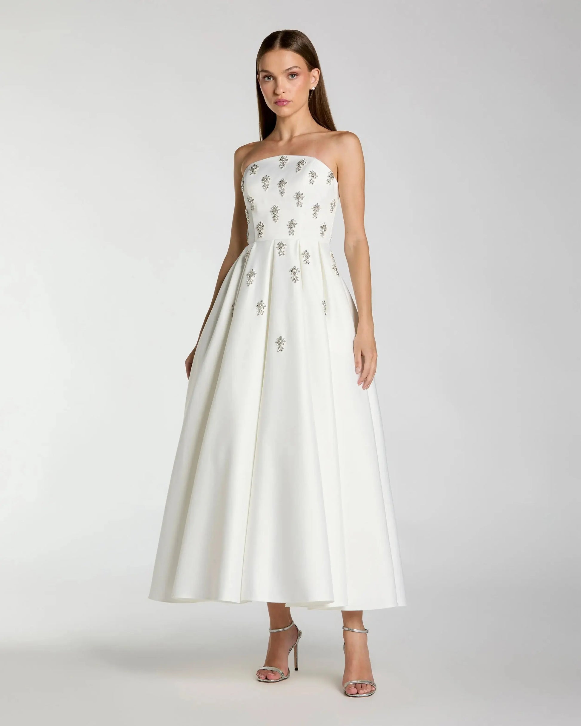 Crystal Embellished Strapless Satin A-Line Dress Crystal Embellished Strapless Satin A-Line Dress
