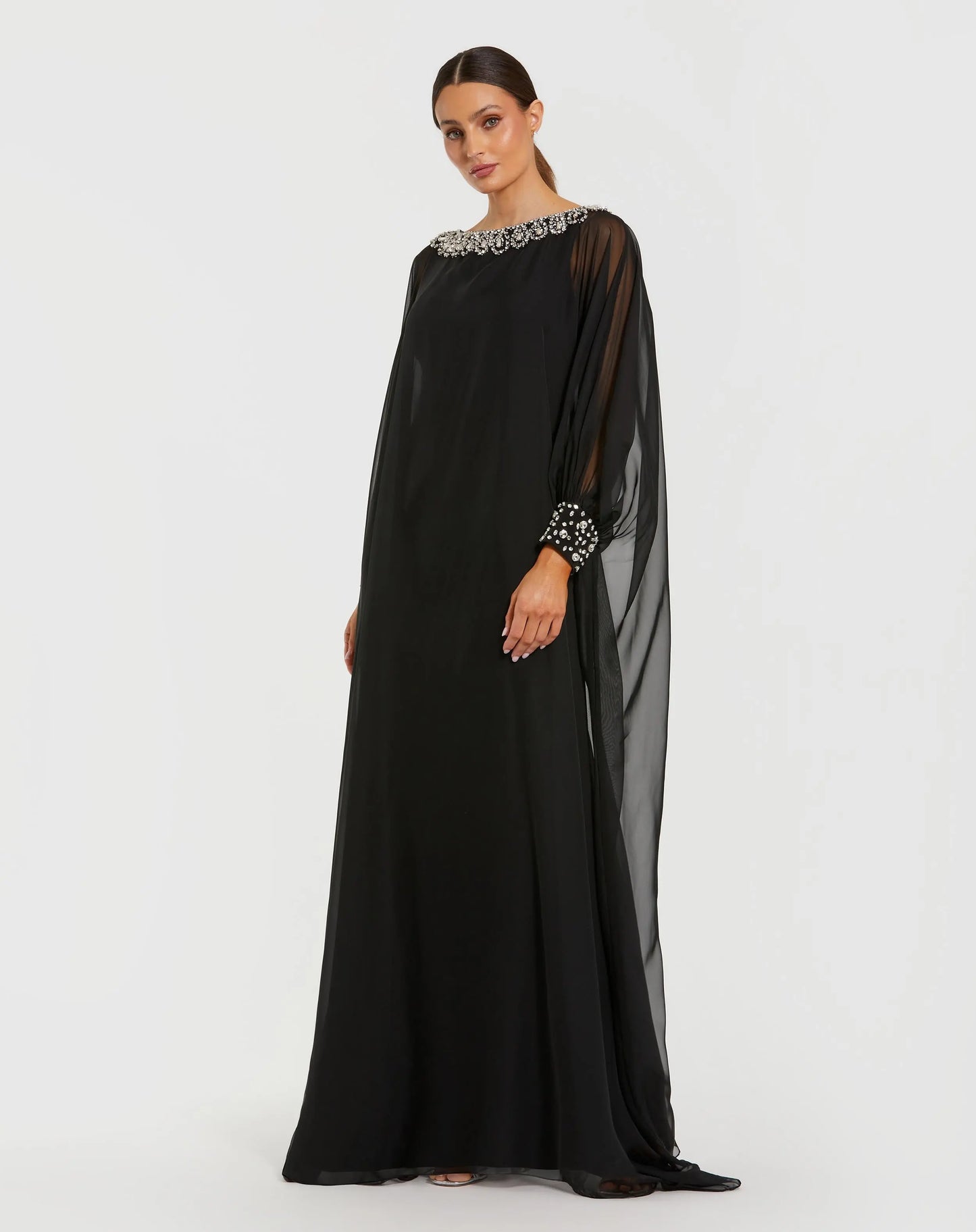 Black Long Sleeve Embellished Chiffon Kaftan Gown - Mac Duggal