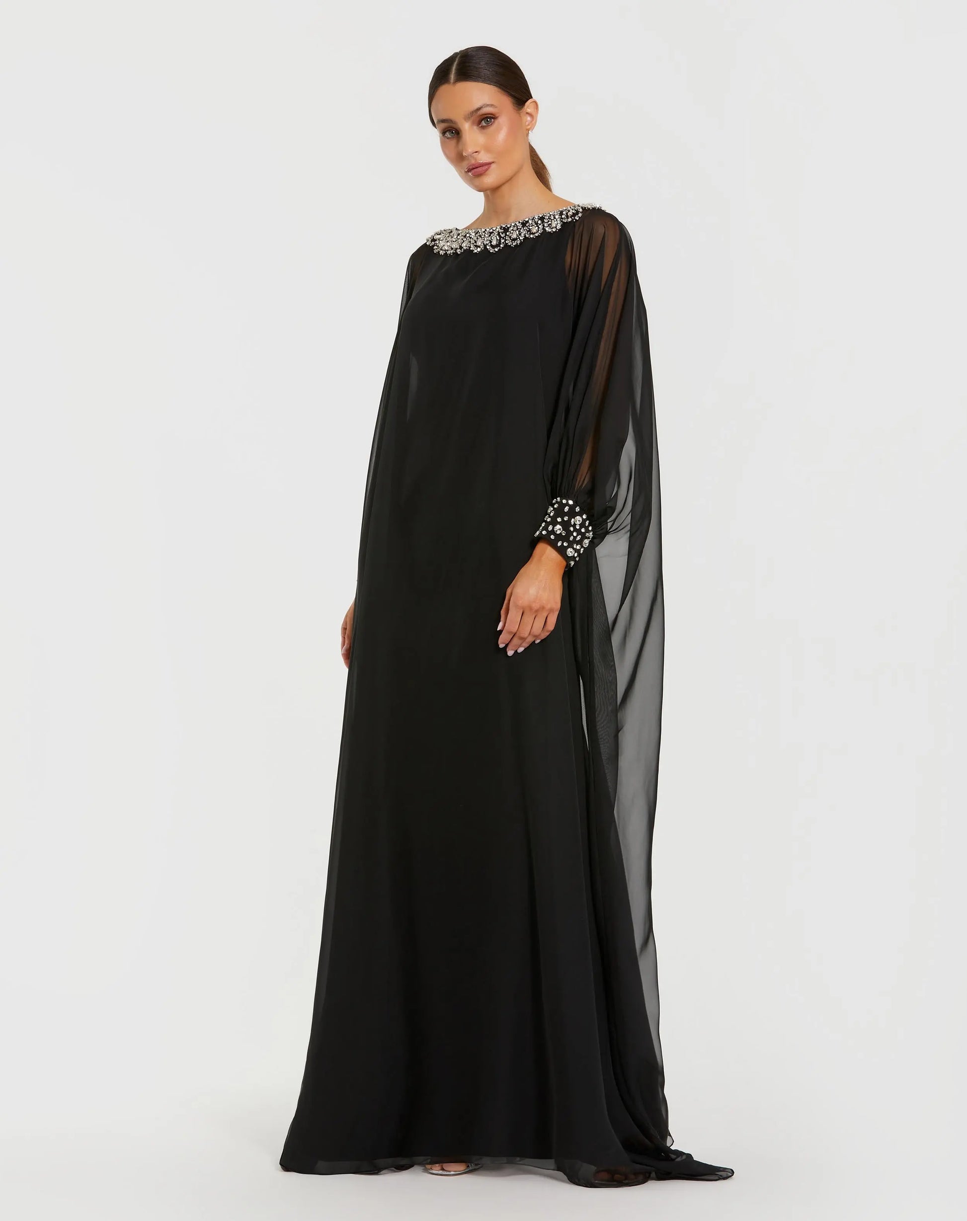 Black Long Sleeve Embellished Chiffon Kaftan Gown - Mac Duggal