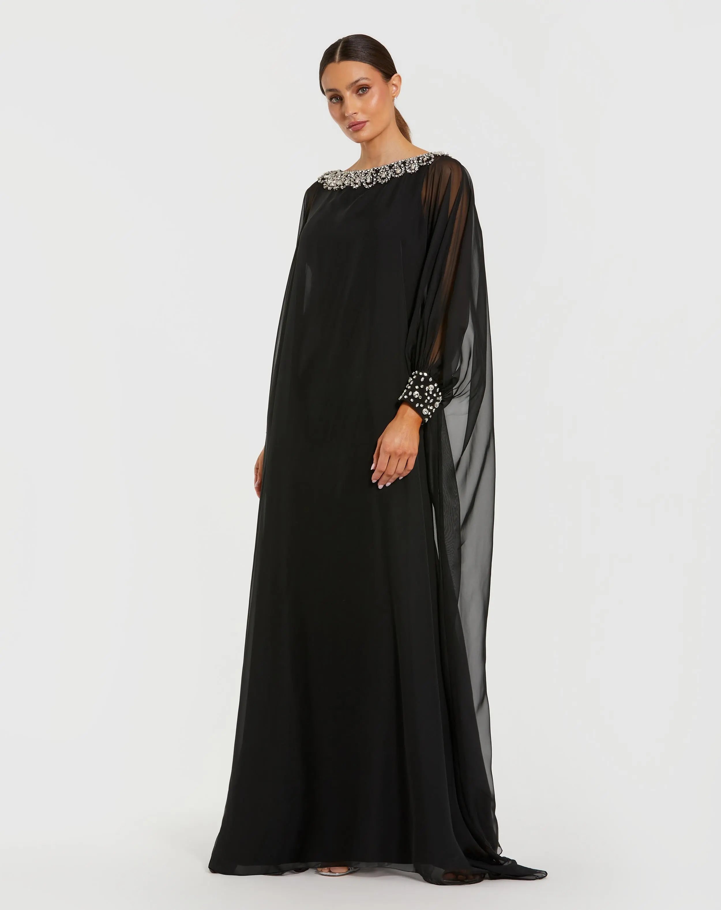 Black Long Sleeve Embellished Chiffon Kaftan Gown - Mac Duggal