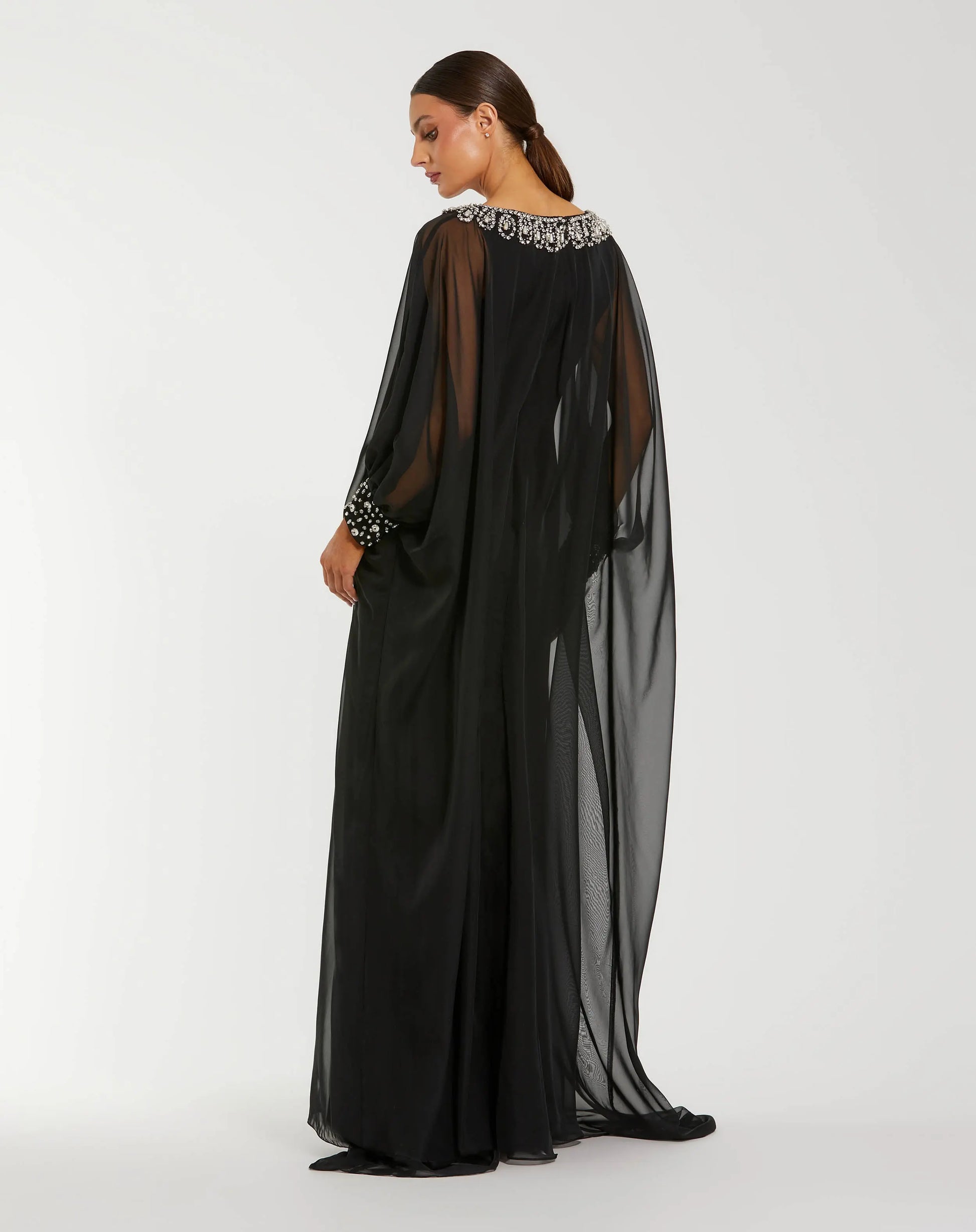 Black Long Sleeve Embellished Chiffon Kaftan Gown - Mac Duggal