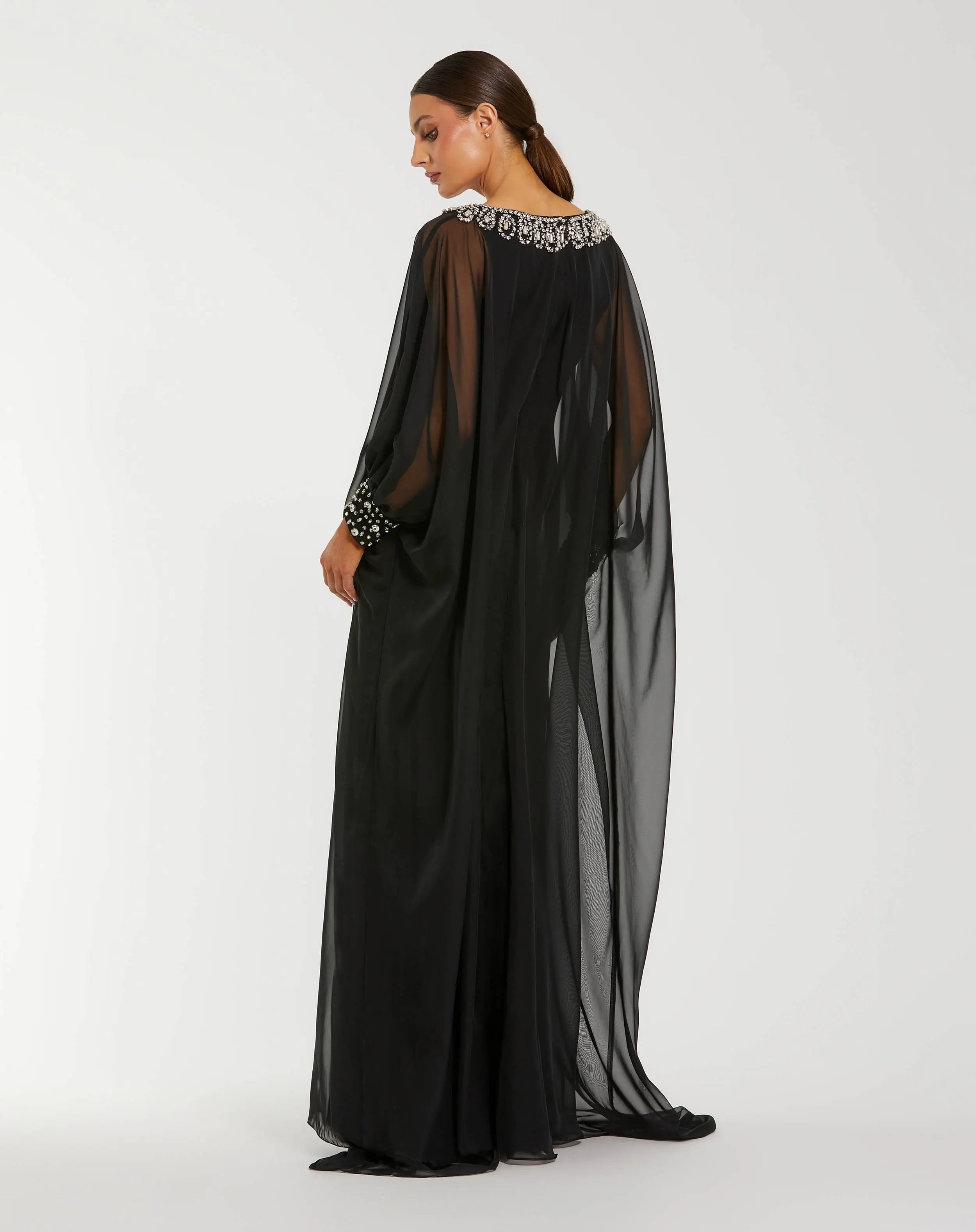 Black Long Sleeve Embellished Chiffon Kaftan Gown - Mac Duggal