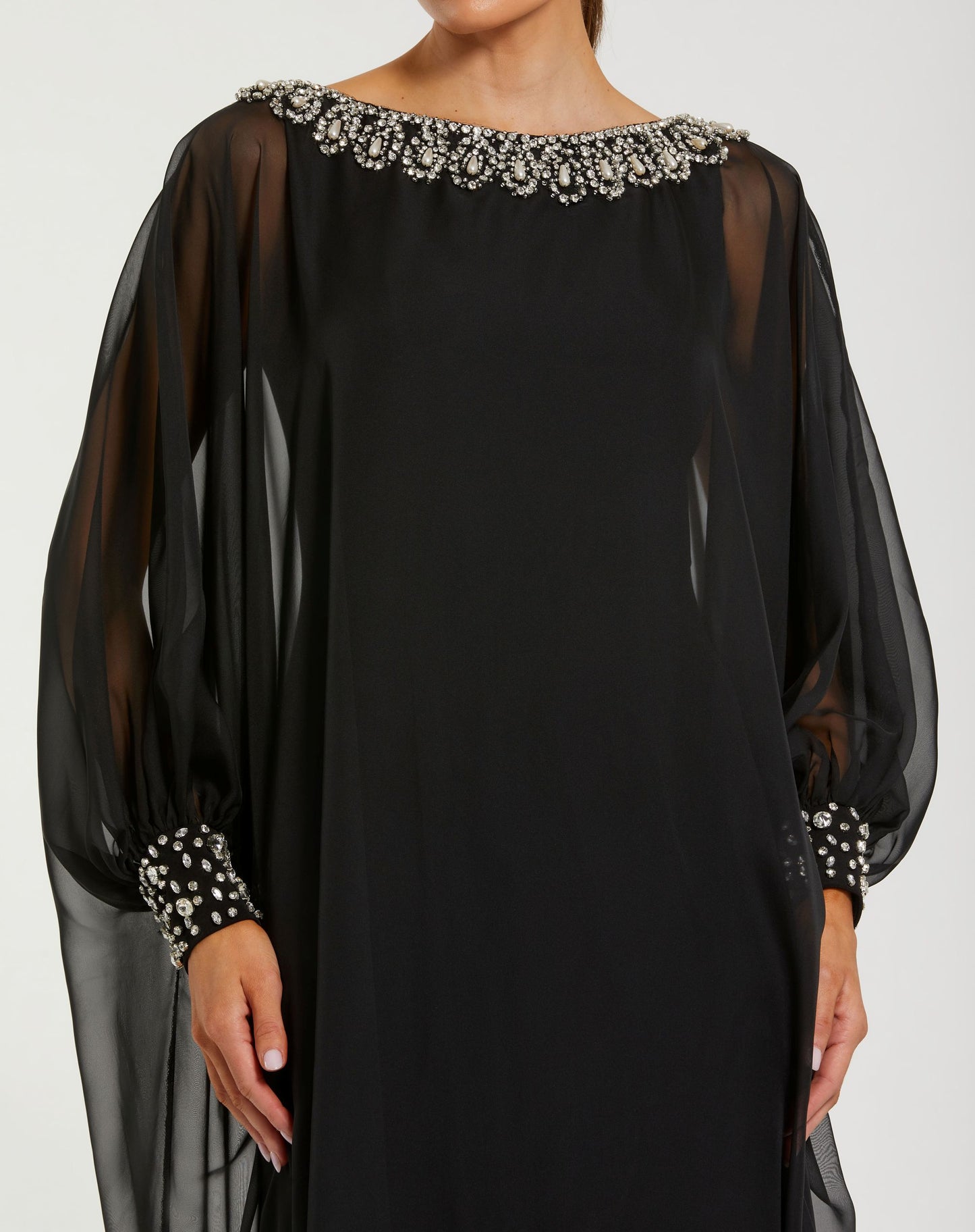 Black Long Sleeve Embellished Chiffon Kaftan Gown - Mac Duggal
