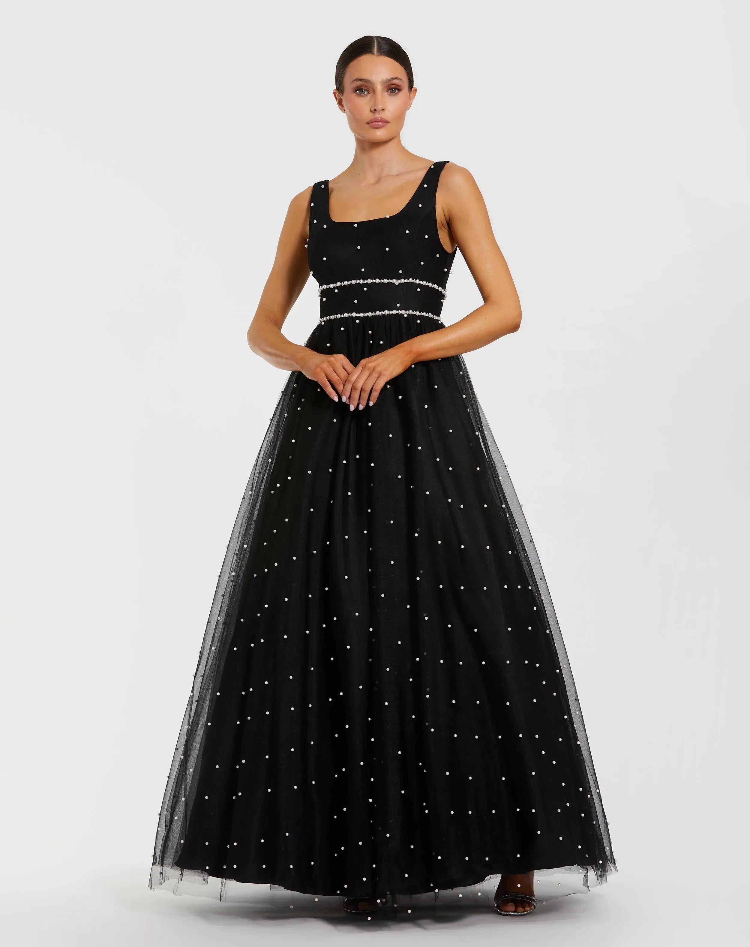Black Pearl Embellished Tulle Sleeveless Ball Gown - Ieena for Mac Duggal