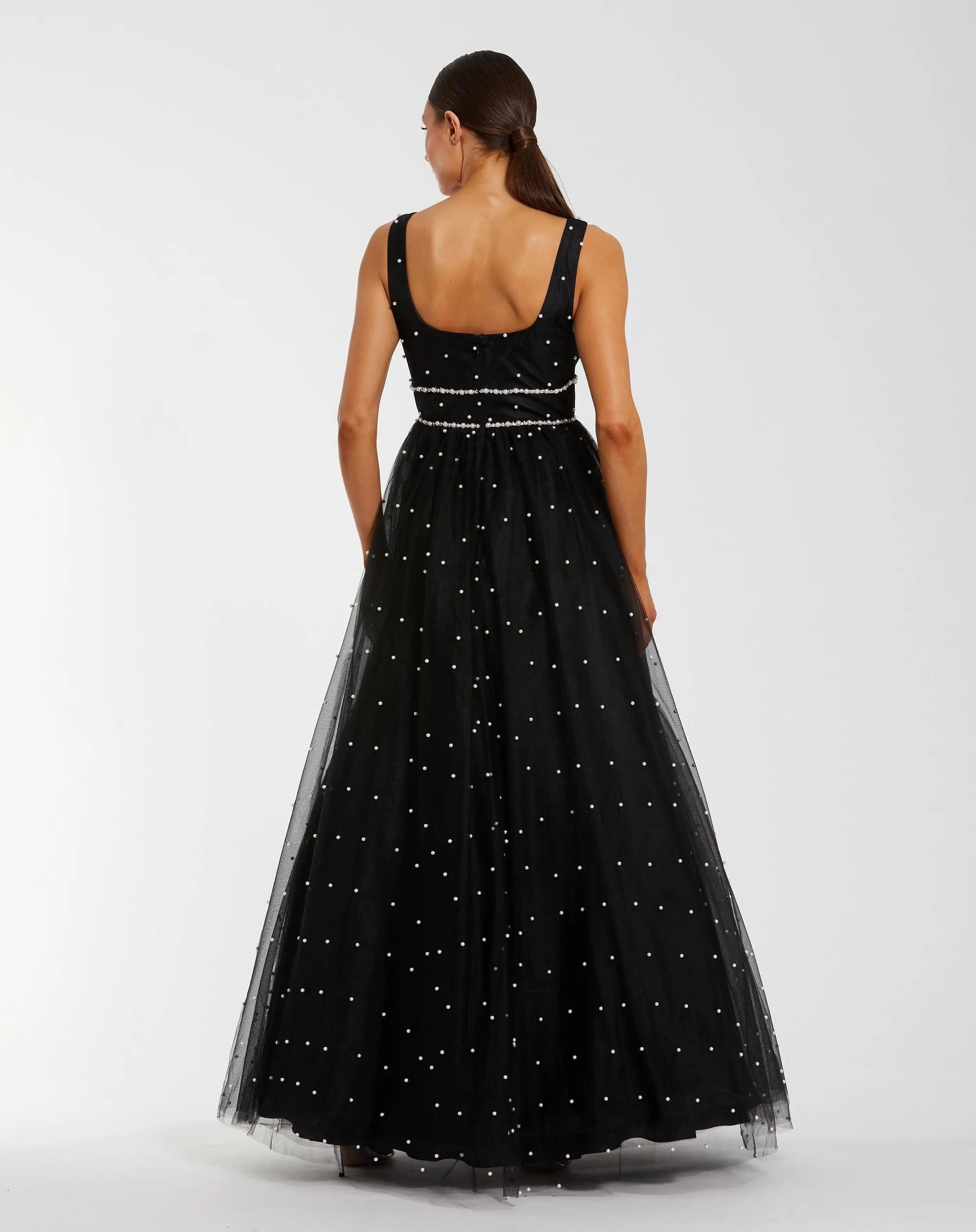 Black Pearl Embellished Tulle Sleeveless Ball Gown - Ieena for Mac Duggal