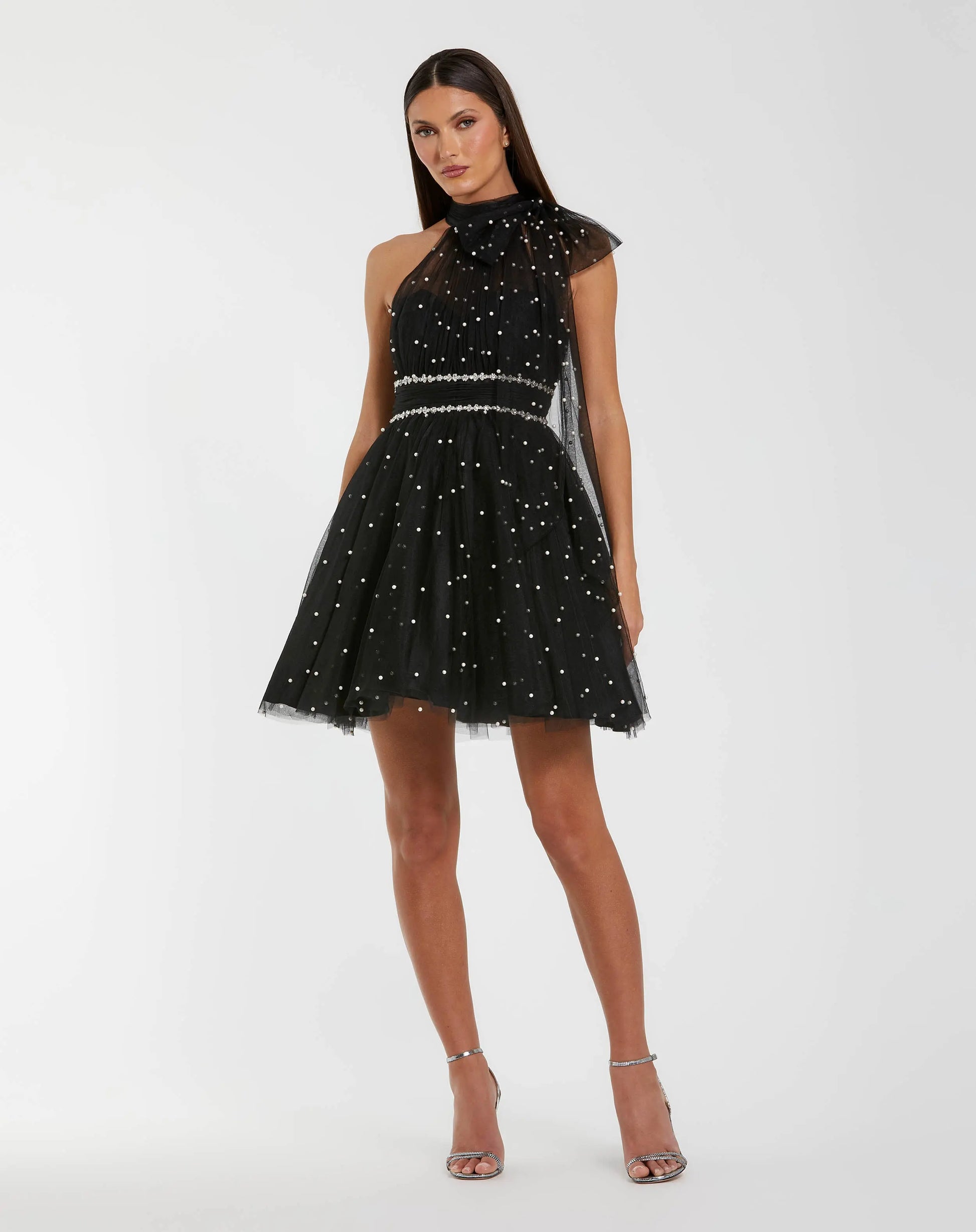 Black Pearl Embellished A Line Mini Dress with Bow | Mac Duggal Black Pearl Embellished A Line Mini Dress with Bow | Mac Duggal