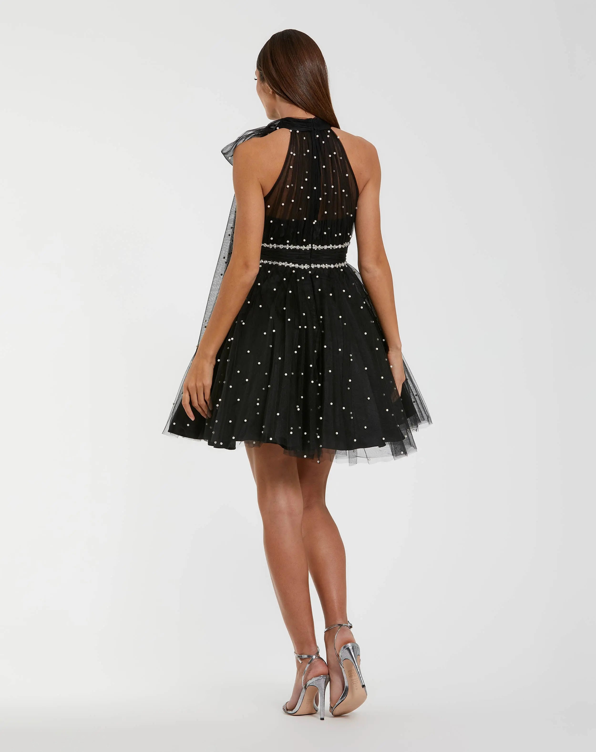 Black Pearl Embellished A Line Mini Dress with Bow - Ieena for Mac Duggal