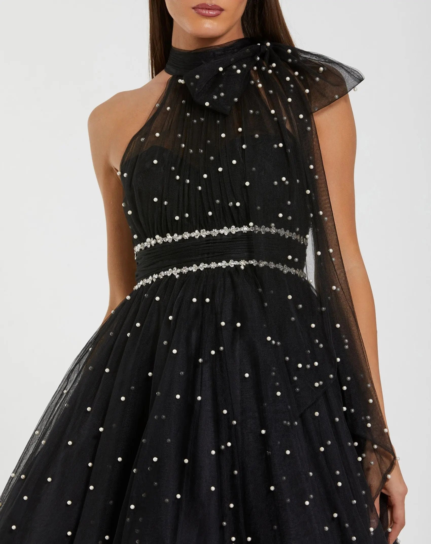 Black Pearl Embellished A Line Mini Dress with Bow | Mac Duggal Black Pearl Embellished A Line Mini Dress with Bow | Mac Duggal