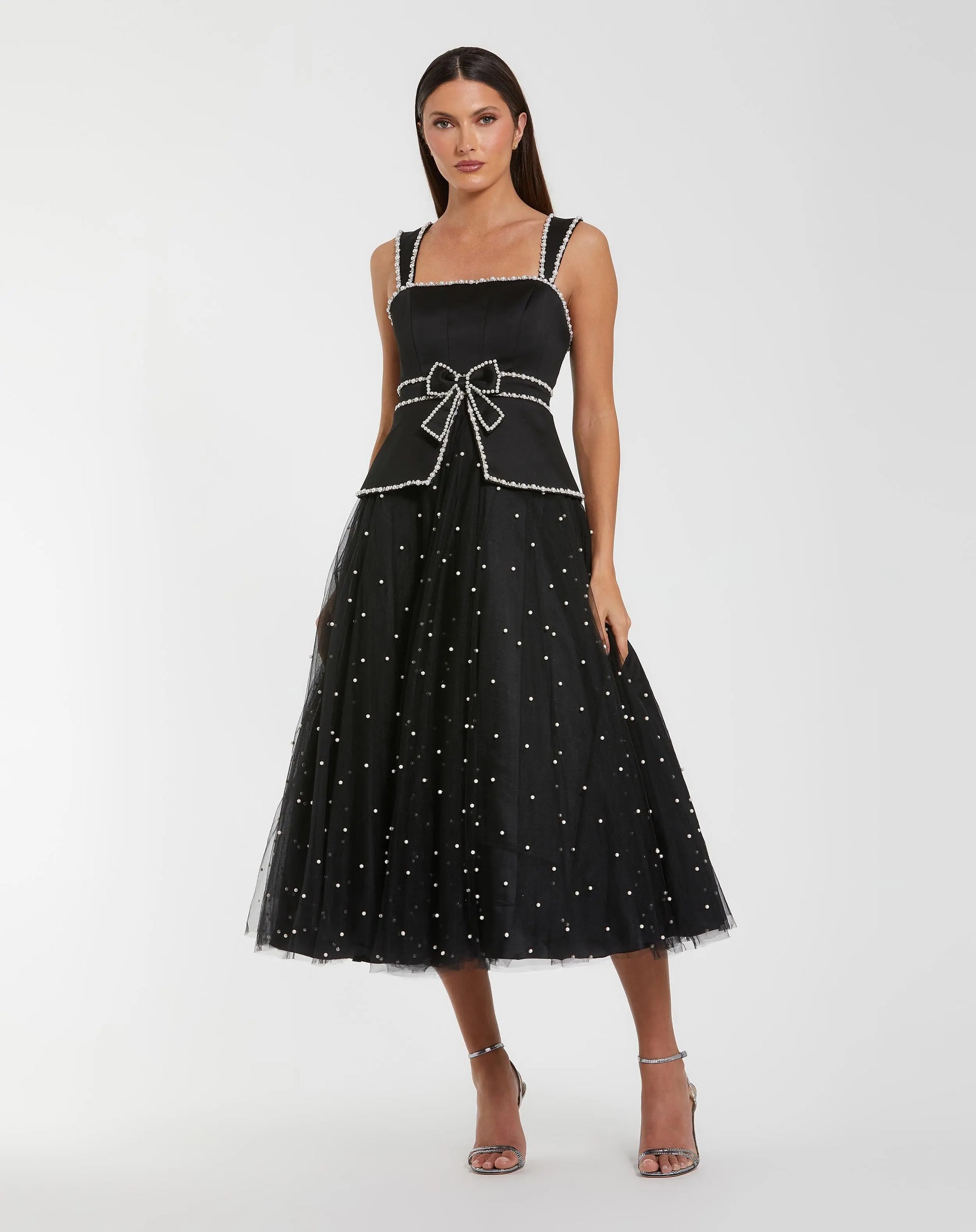 Black Sleeveless Embellished Crepe And Tulle Midi Dress - Ieena for Mac Duggal