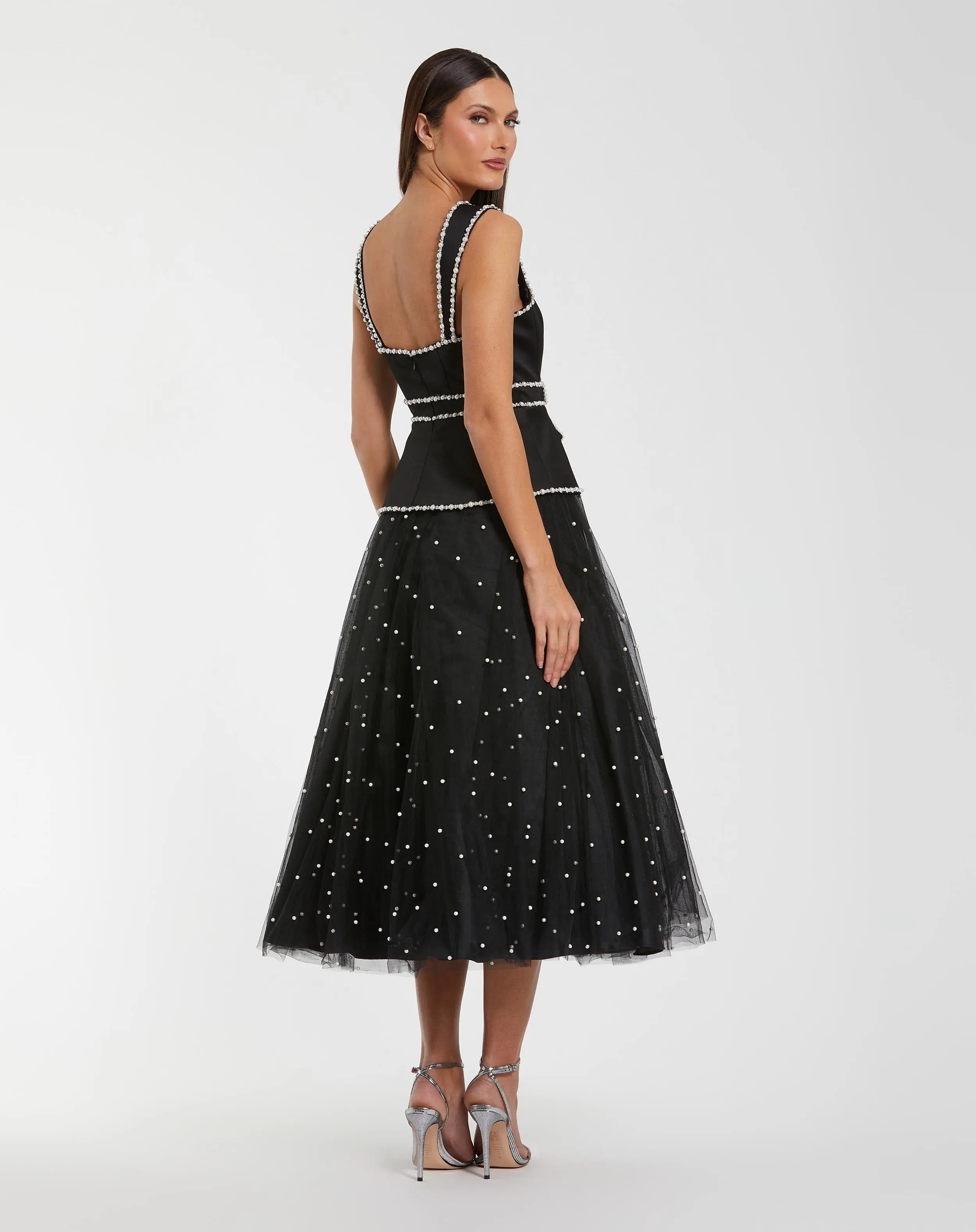 Black Sleeveless Embellished Crepe And Tulle Midi Dress - Ieena for Mac Duggal