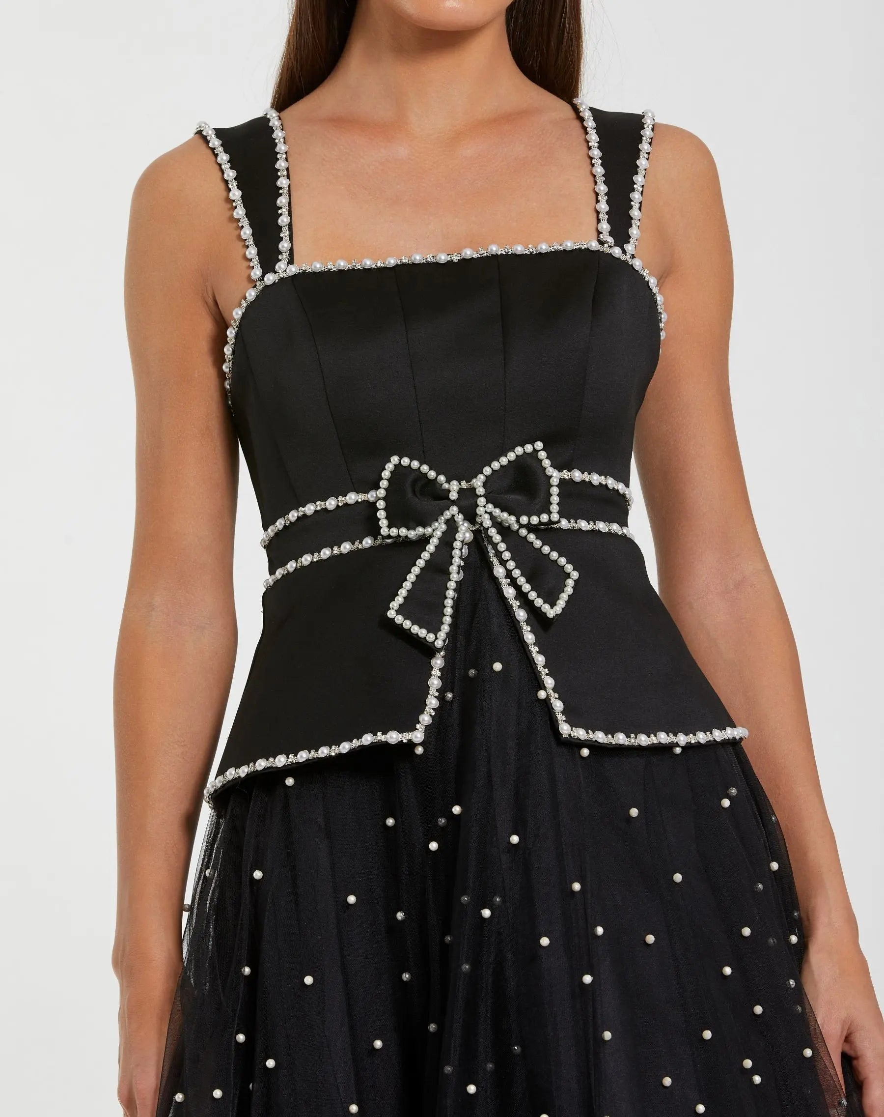 Ieena for Mac Duggal - Black Sleeveless Embellished Crepe And Tulle Midi Dress