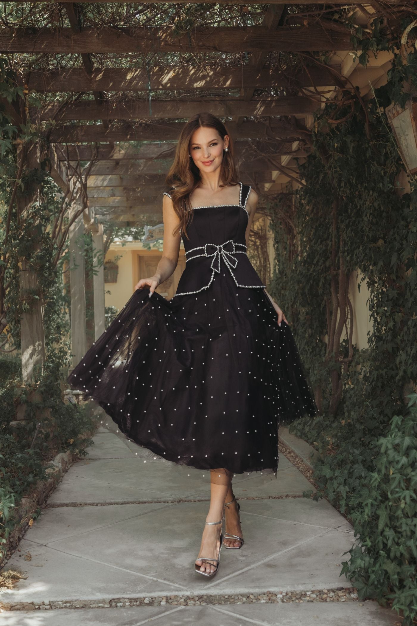 Black Sleeveless Embellished Crepe And Tulle Midi Dress - Ieena for Mac Duggal