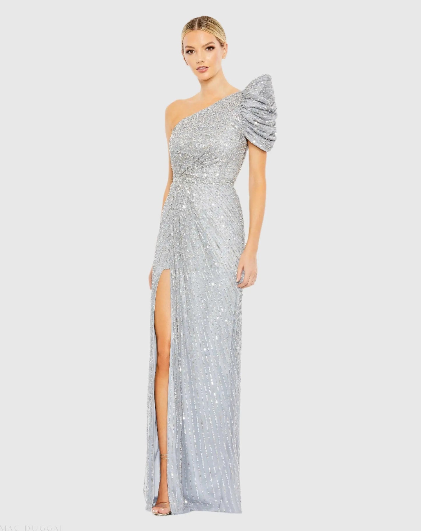 Silver Embellished Puff One Shoulder Gown - Mac Duggal
