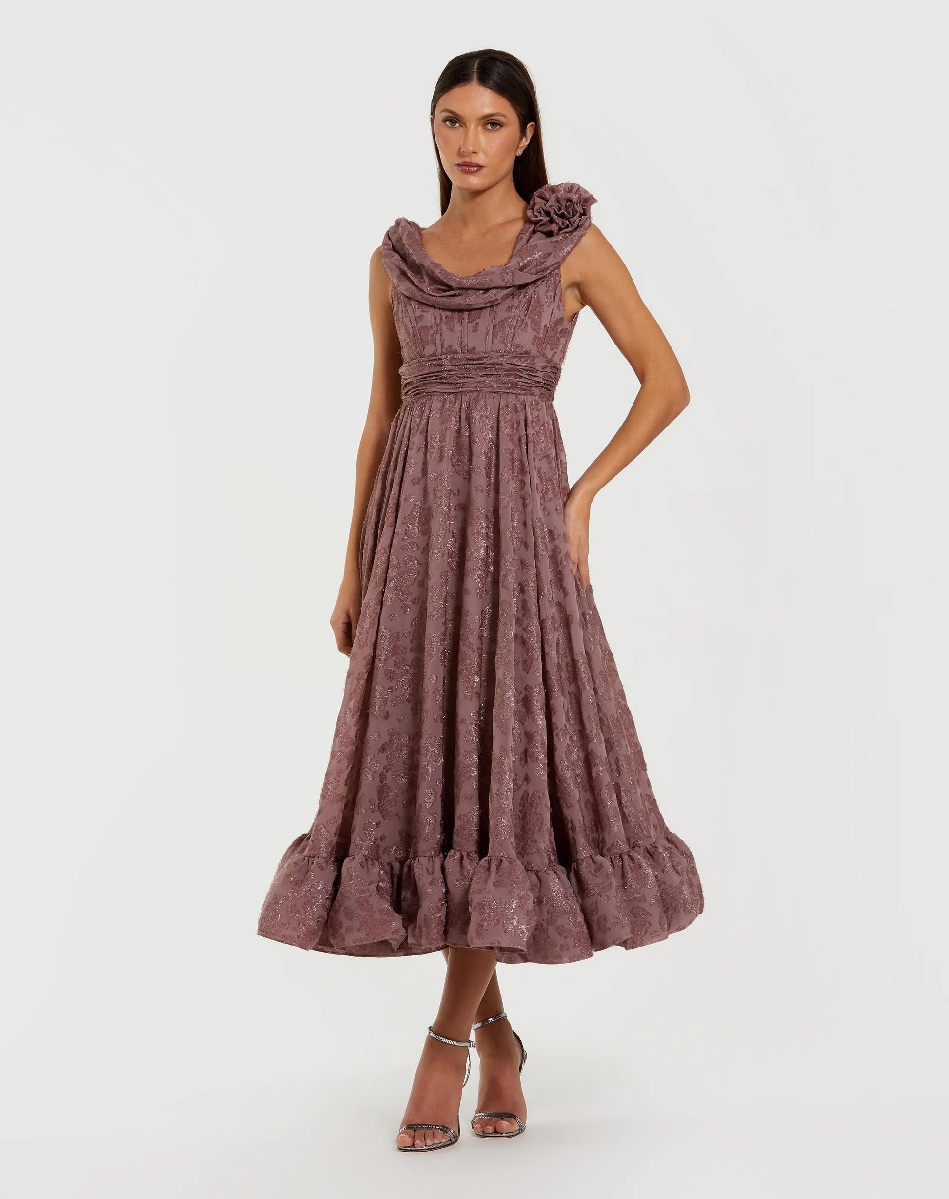 Purple Sleeveless Cowl Neck Chiffon Midi Dress | Mac Duggal Purple Sleeveless Cowl Neck Chiffon Midi Dress | Mac Duggal
