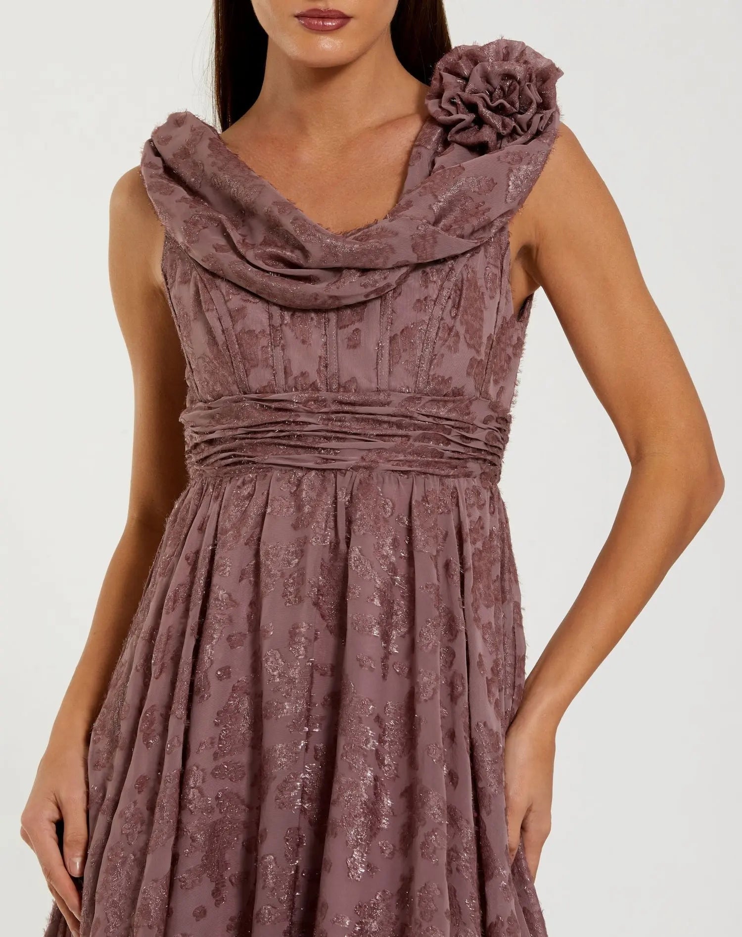 Mac Duggal Women's Burnout Chiffon Sleeveless Cowl Neck Midi Dress - Mauve Mac Duggal Women's Burnout Chiffon Sleeveless Cowl Neck Midi Dress - Mauve