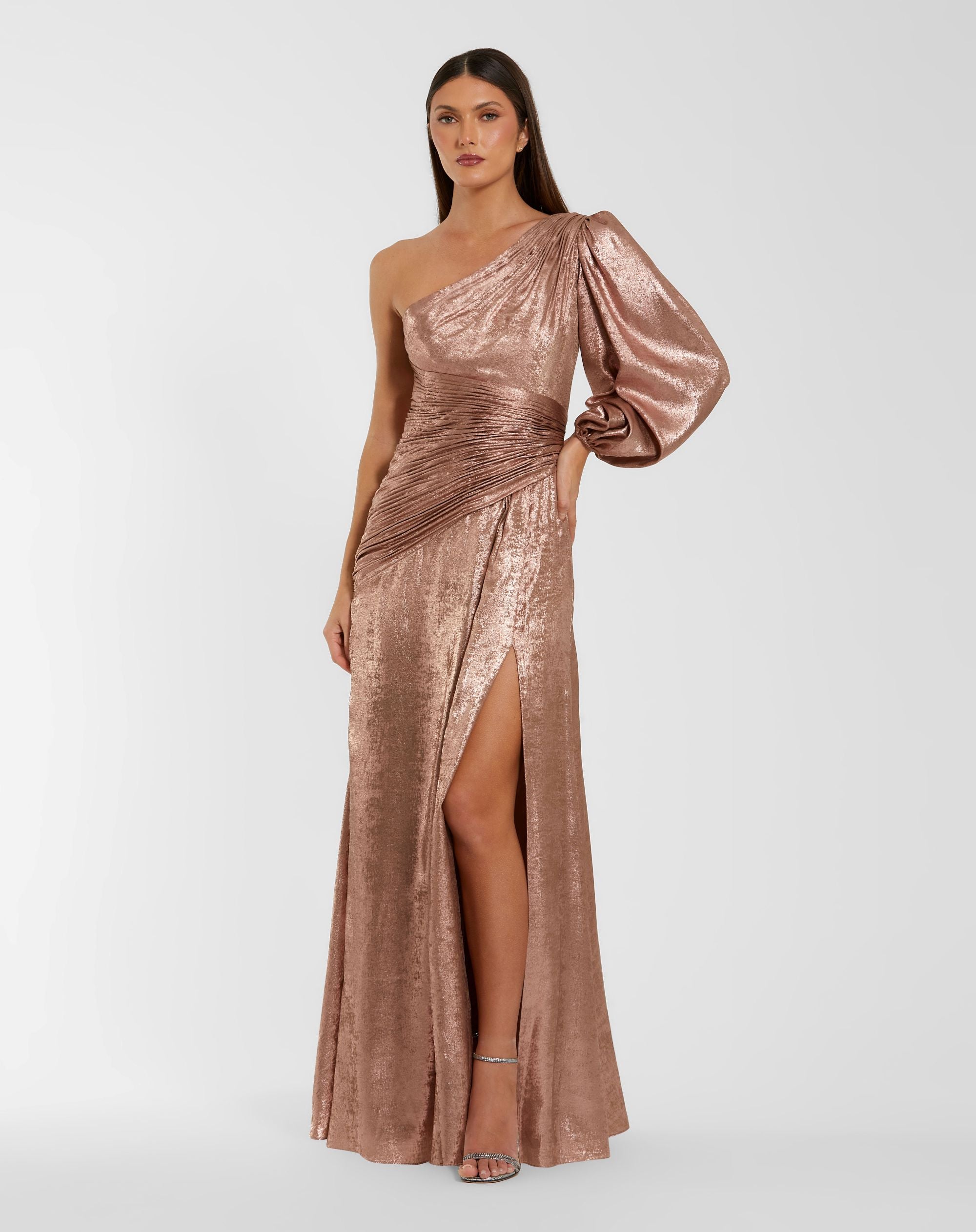 Pink One Sleeve Metallic Gown With Slit - Ieena for Mac Duggal
